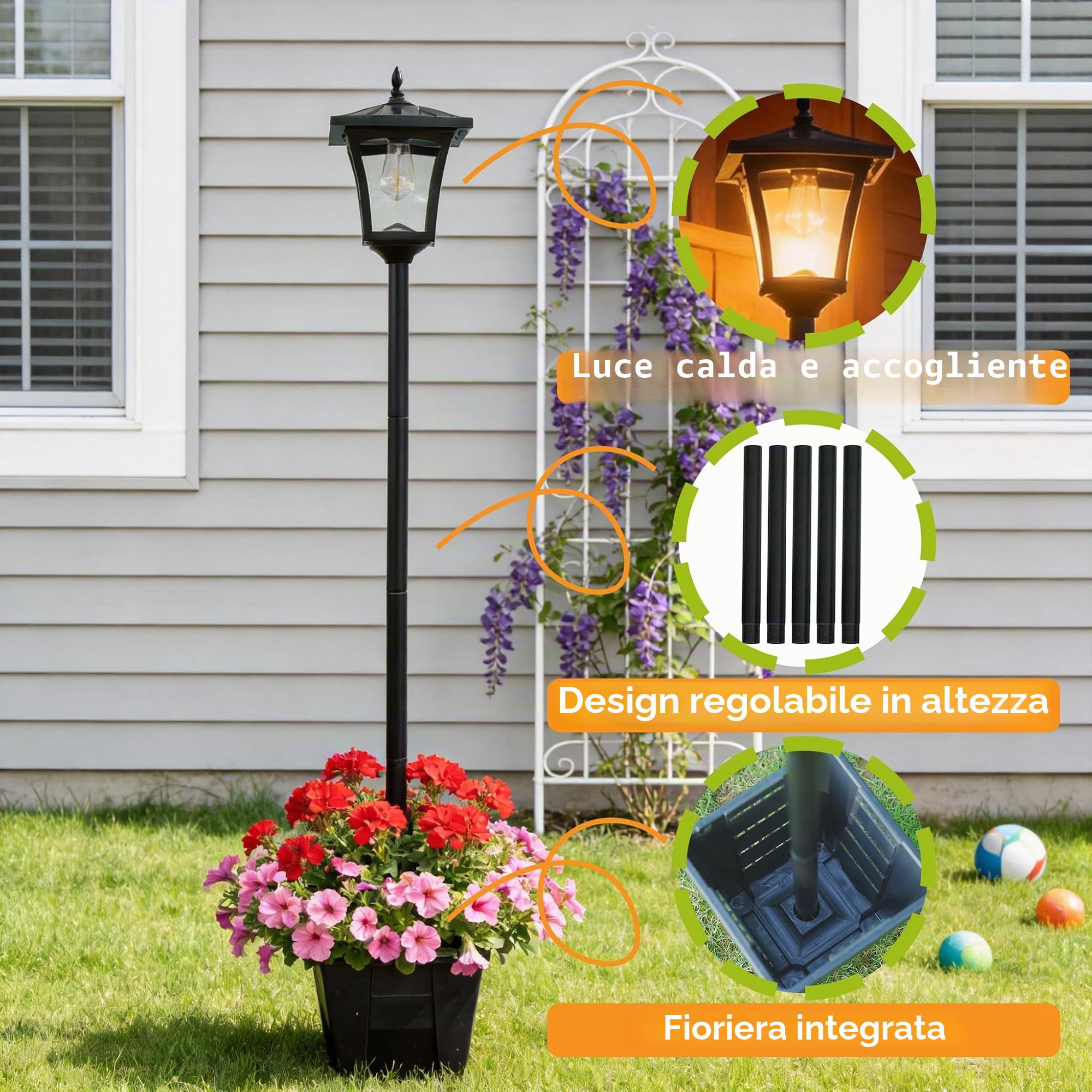 Lampione Solare con Vaso, Altezza Regolabile 102-150cm Vintage | Nero | 3000K Caldo | IP44 | Metallo + Plastica | Sensore Crepuscolare | Vaso φ19.5×23cm | Senza Cavo | Giardino Ingresso
