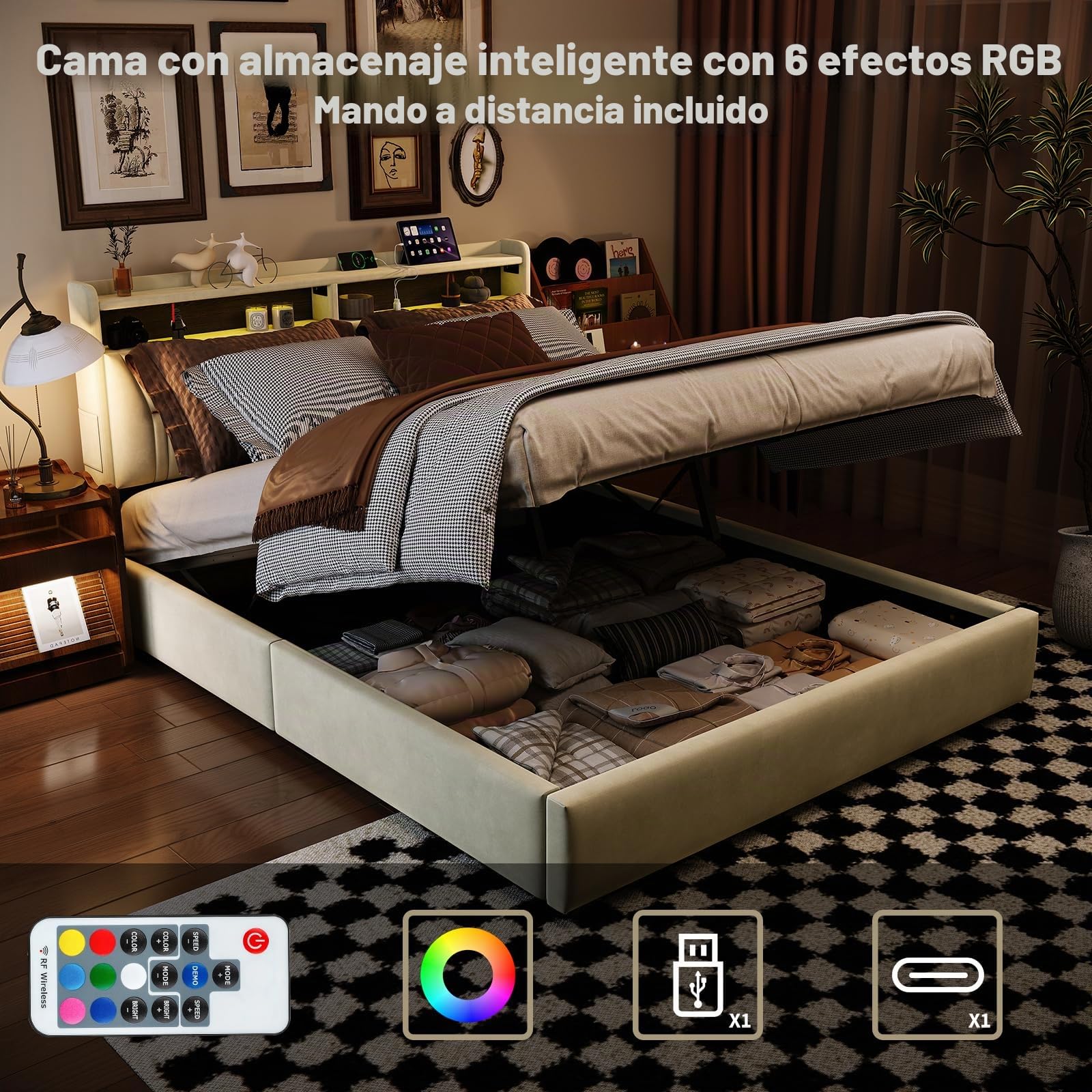 Cama Canapé 160x200 cm Queen Size con Pistones de Gas, Cabecero Reclinable, Terciopelo con LED y Type-C, 500kg (Sin Colchón)