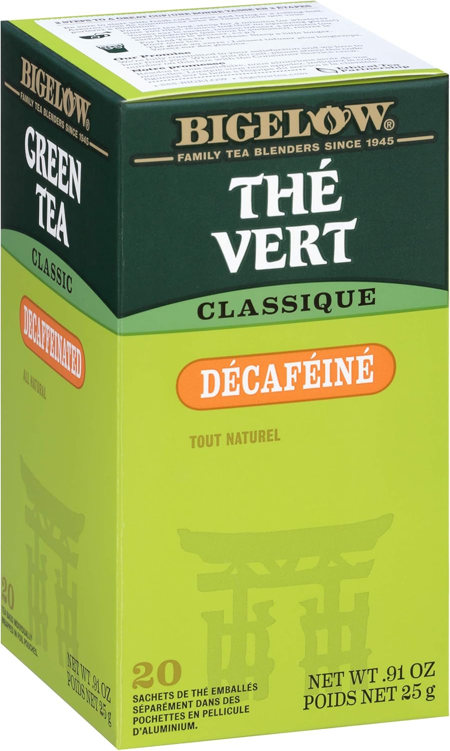 Bigelow Tea Decaffeinated Green Tea Bags, 20 Count Box (Pack of 6) Decaf Green Tea 120 Tea Bags