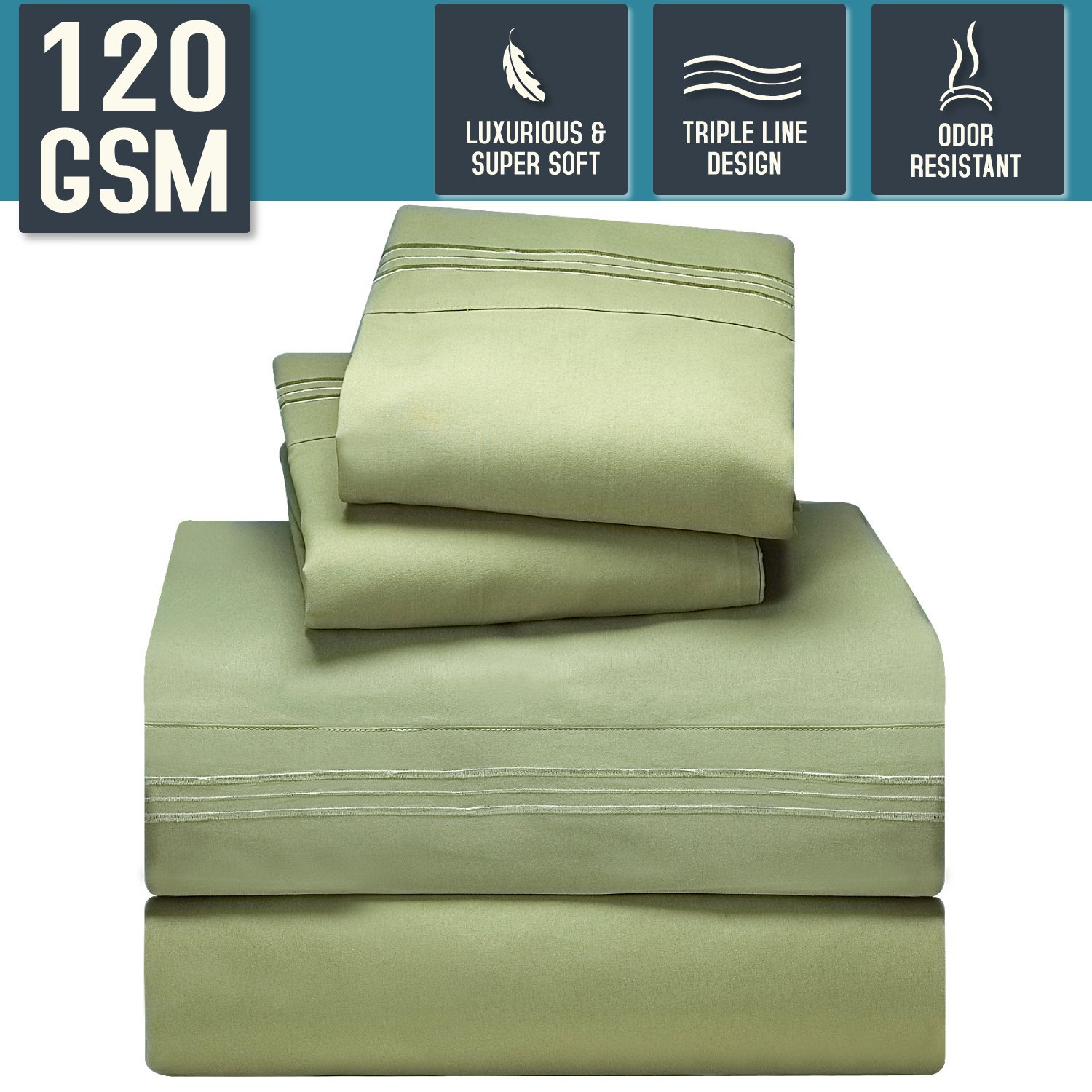 Nestl Bedding Bed Sheet Set, Queen Size, Sage Green, Super Soft 120 GSM - Anti Odor Treatment - Corner Elastic Strap for a Snug Fit, Matching 3 Line Embroidery on Pillowcases and Flat Sheet
