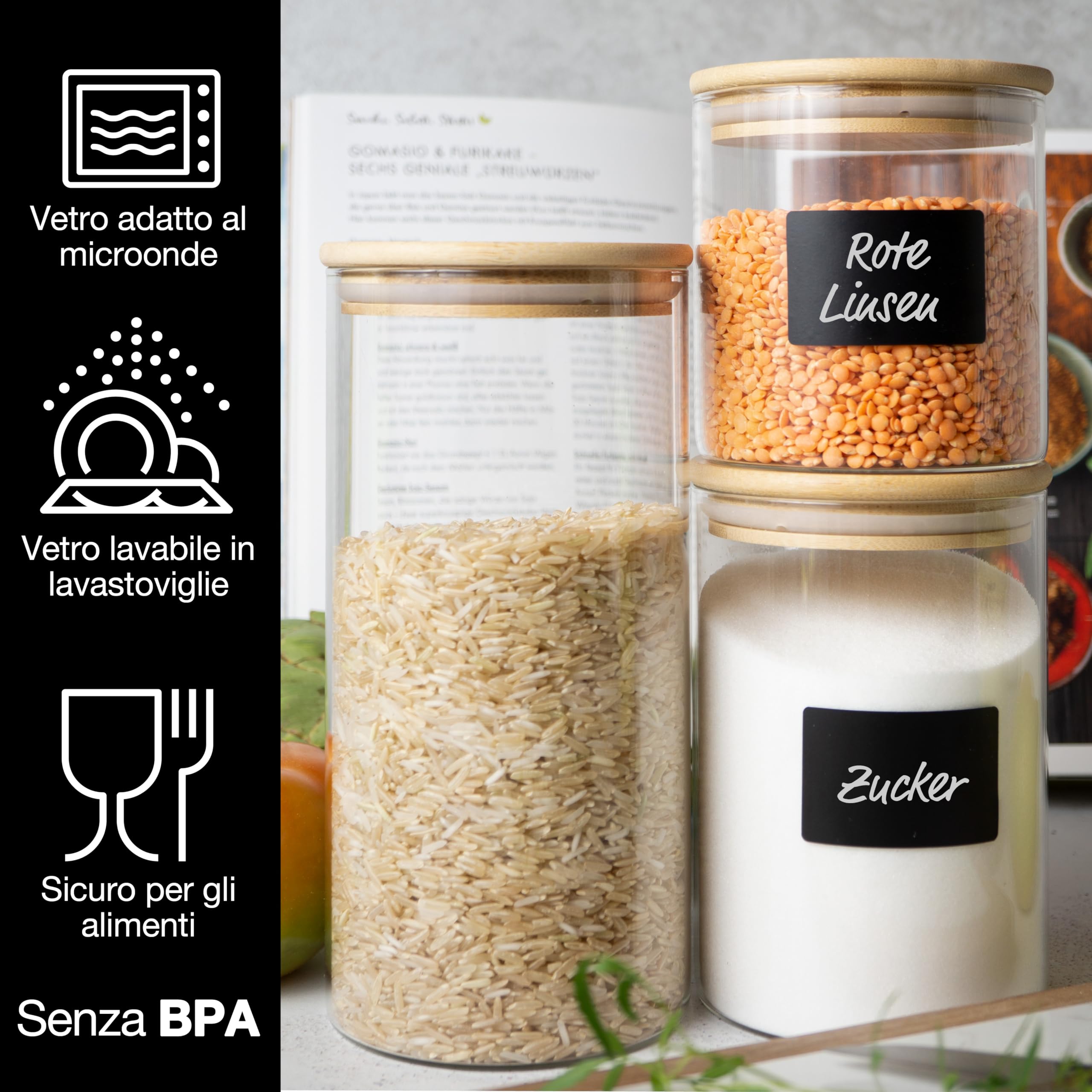 Moritz & Moritz 6 Barattoli Vetro con Coperchio 2 x 1500 ml, 2 x 750 ml, 2 x 500 ml - Barattoli Cucina con Adesivo da Tavola e Matita a Gesso