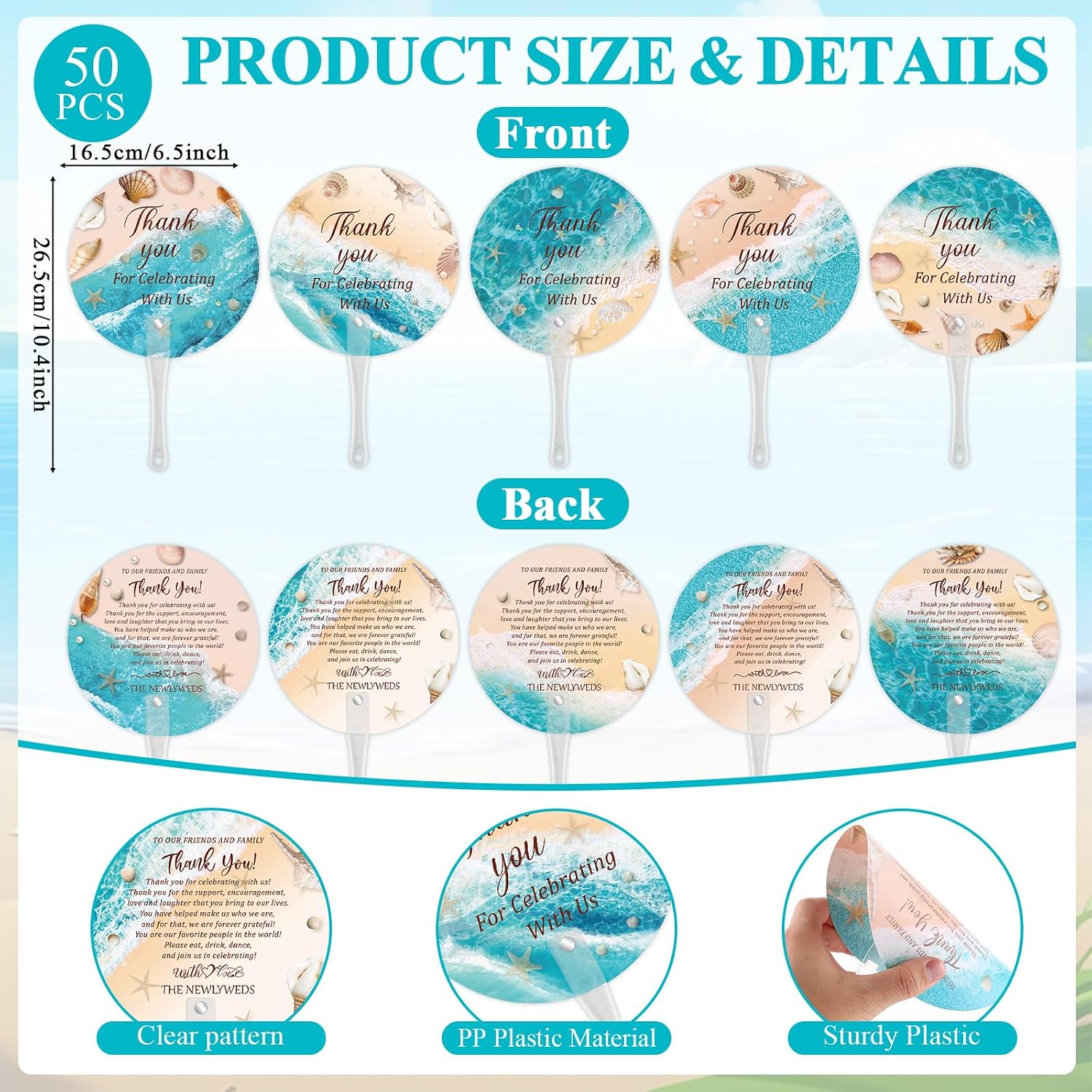 50 Pcs Wedding Hand Fans for Guests Bulk Beach Ocean Wedding Plastic Handheld Fan with Handle Thank You for Celebrating with Us for Ceremony Bridal Shower Gift Summer Party Favors (Beach)