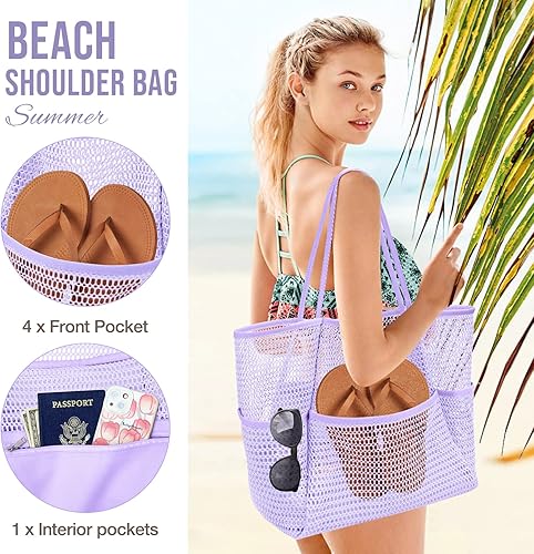 Miniatura 4 de KPX Bolsa de playa con mini bolsillo, bolsas de playa para mujer, bolsas de viaje grandes plegables de malla para piscina, a prueba de arena