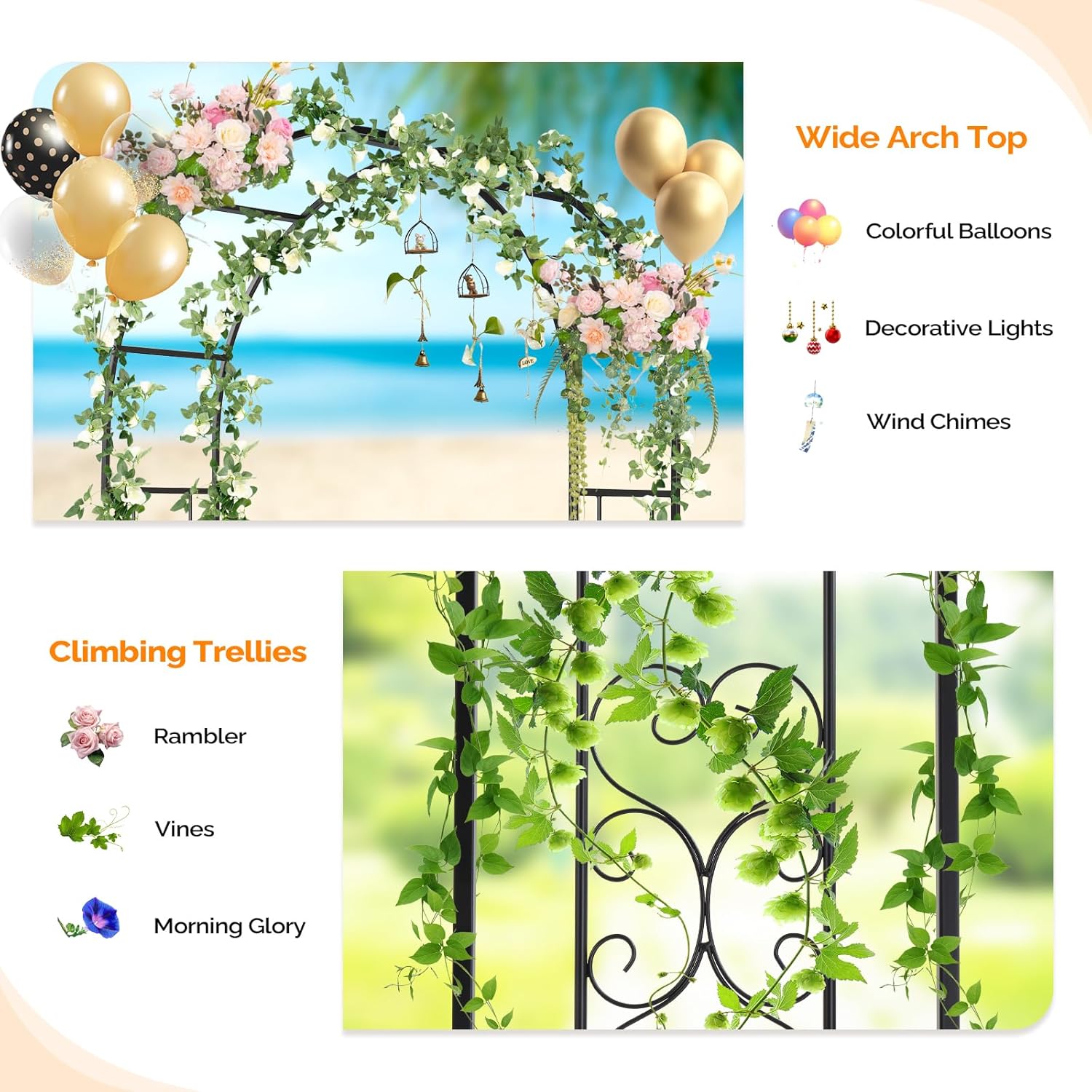 VINGLI Garden Arch Trellis, 7.6ft Arch Trellis for Climbing Plants, Metal Garden Arbor with Flat Base Design for Outdoor & Indoor, Lawn, Wooden Floor, Concrete (Heart-Shaped, Black)