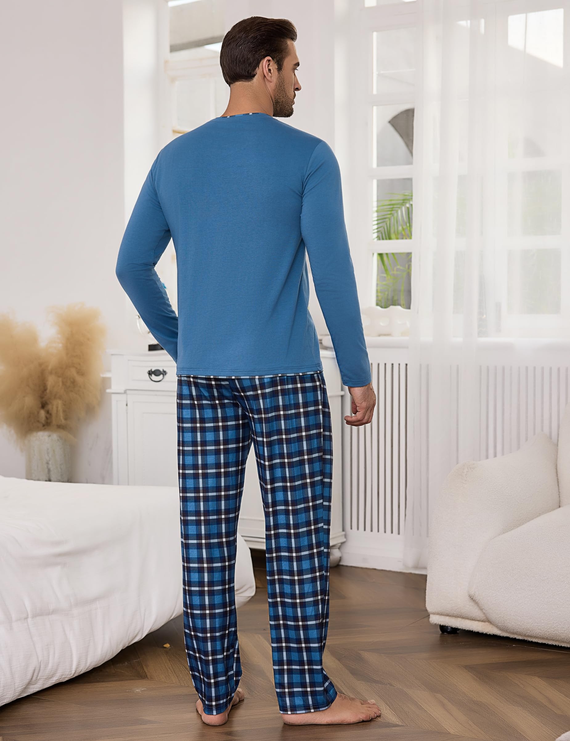 Litherday Pigiama Uomo Invernale Cotone Lungo Pajamas Due Pezzi Maniche Lunghe Pantaloni Lunghi Pigiami Morbido Loungewear con Tasche