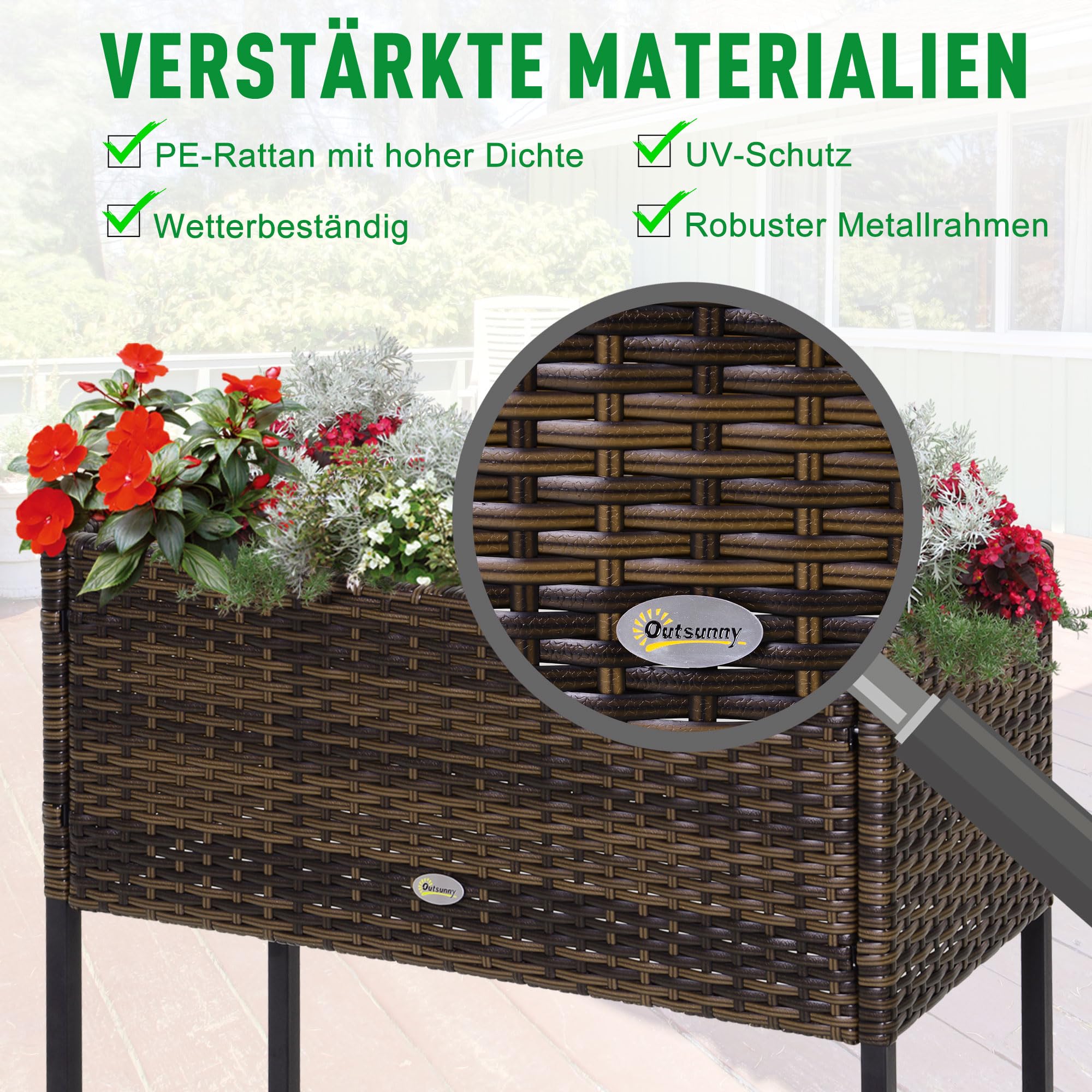 Outsunny Poly Rattan Hochbeet Blumenkasten mit Füßen Braun 70 x 30 x 70 cm