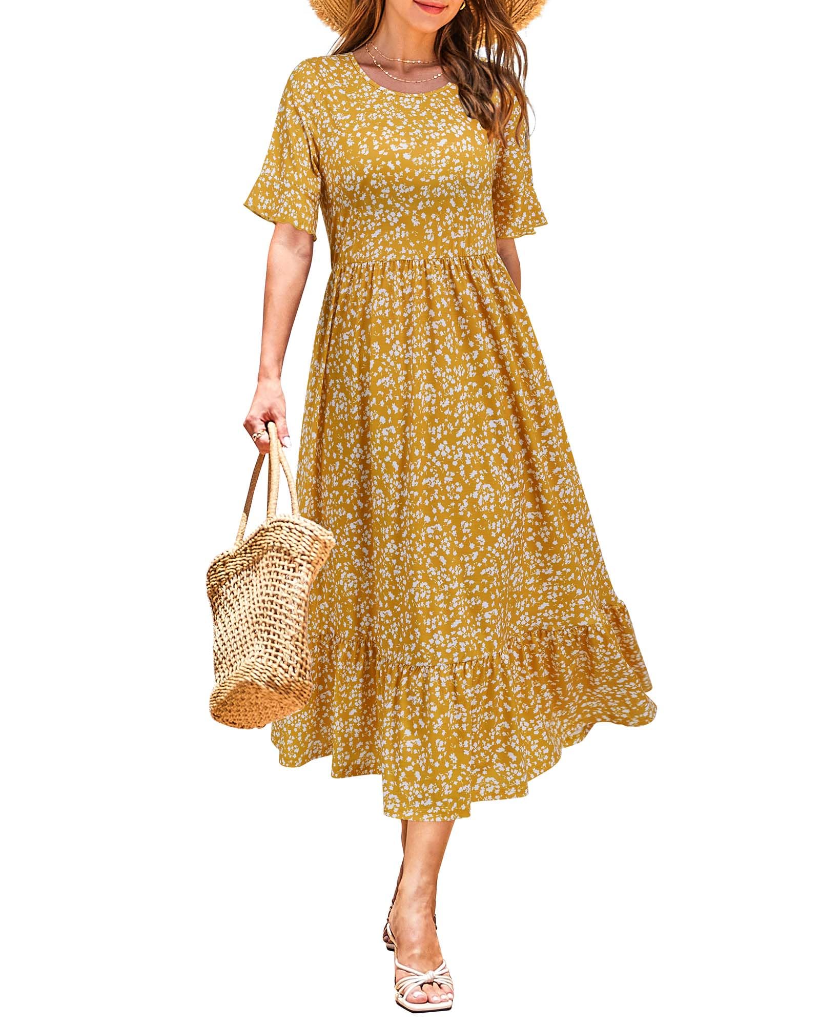 STYLEWORD Women's Summer 2025 Casual Short Sleeve Tiered Flowy Spring Dress Long Midi Beach Sundress Vacation Outfits