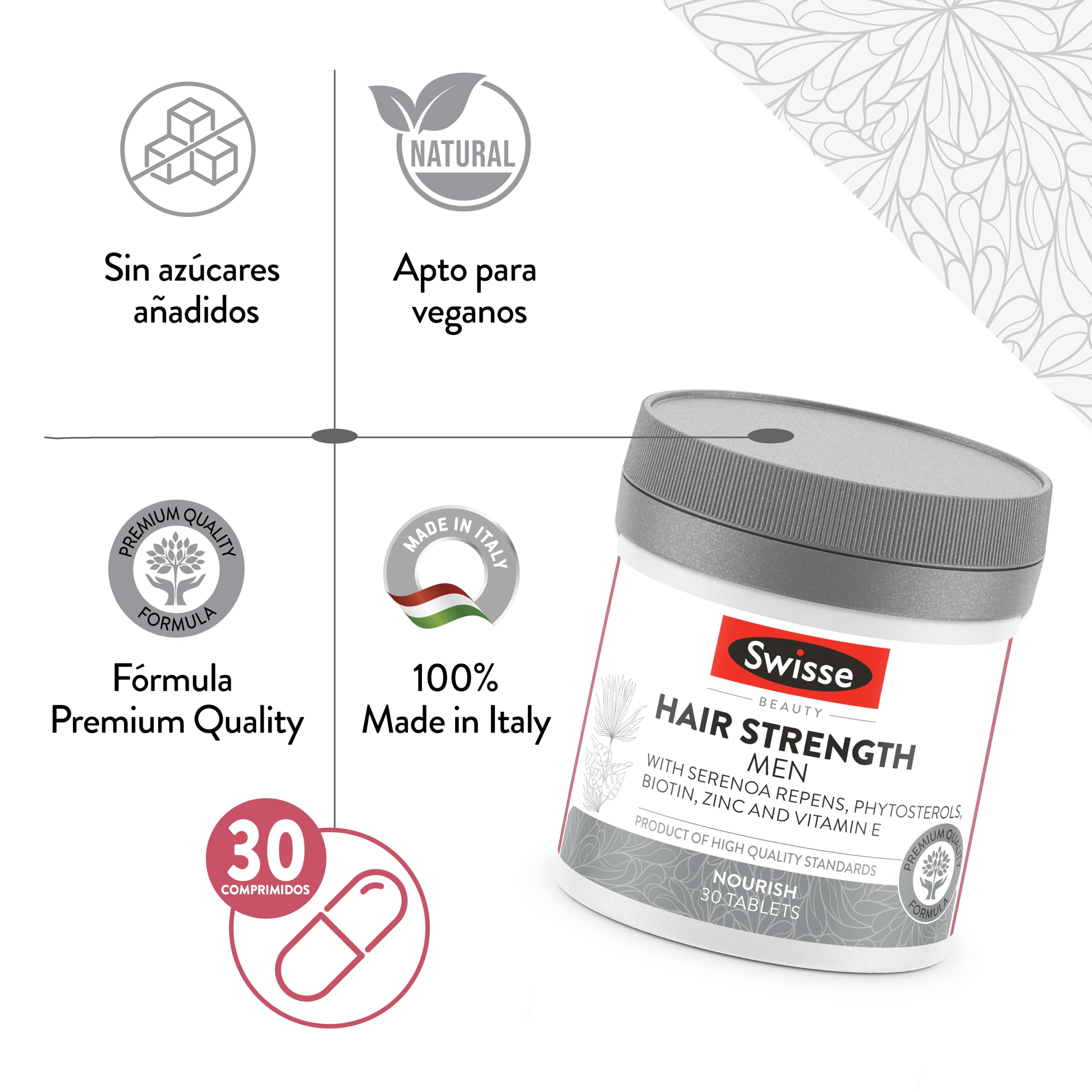SWISSE Fuerza del Cabello Hombres - Suplemento con Biotina para el Cabello Hombre con Zinc y Vitamina E 30 Comprimidos, Complemento con Vitaminas para el Cabello Fuerte Acción Nutritiva