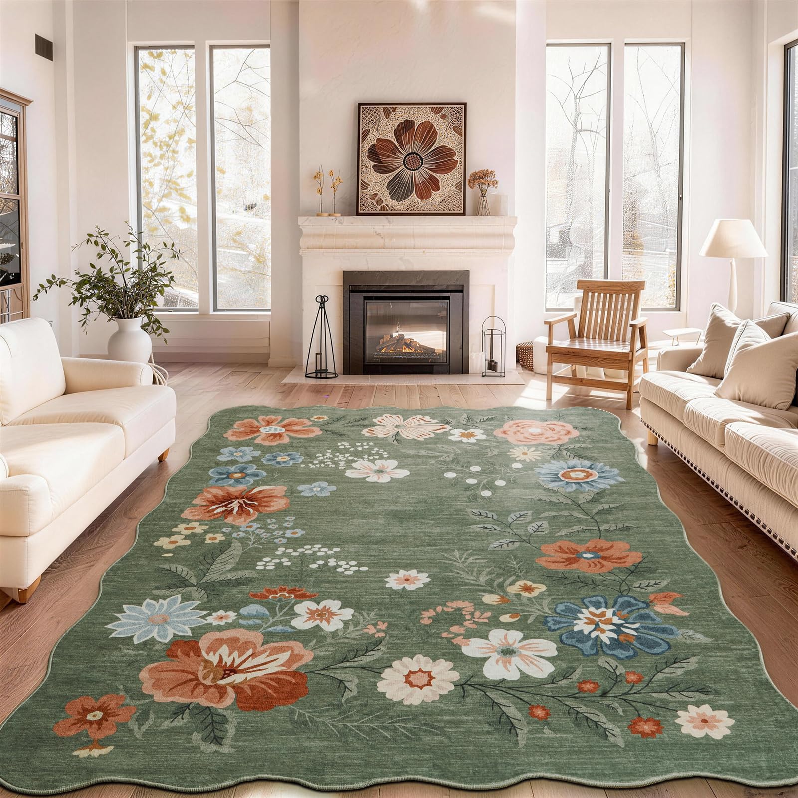 SOANNY Floral Living Room Rug, Large Boho Area Carpet, Soft Low Pile Washable Non Slip Stain Resistant Rugs for Bedroom Entryway ‎‎‎‎Nursery Office Dining Room Office, 200x300 cm, Scalloped Green