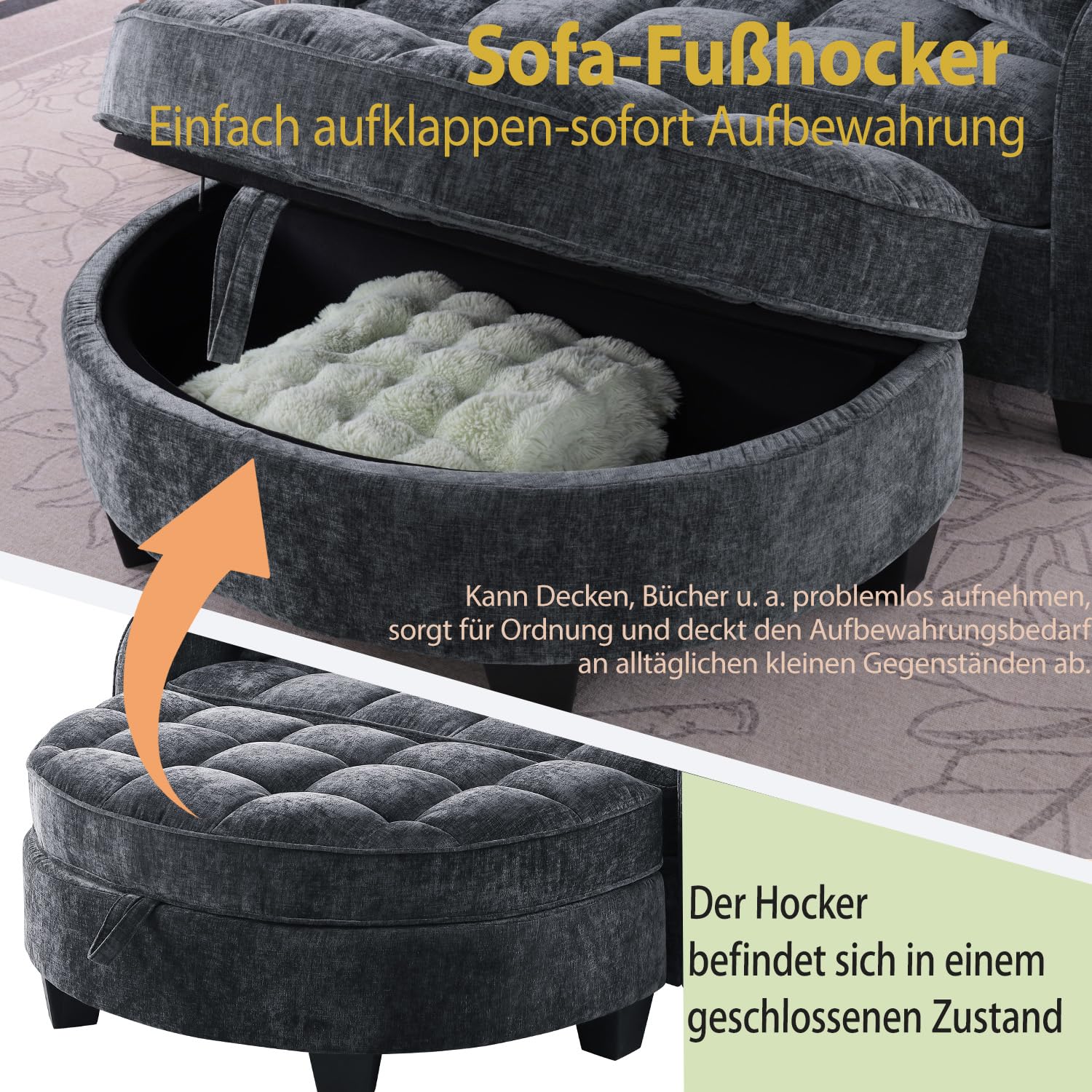 Modulares Schlafsofa aus weichem Chenillestoff, Sofa mit Schlaffunktion, Aufbewahrungs-Hocker, Schlafsofa mit Verstellbarer Rückenlehne und Kissen, für kleine Wohnzimmer, Studienzimmer, Schlafzimmer