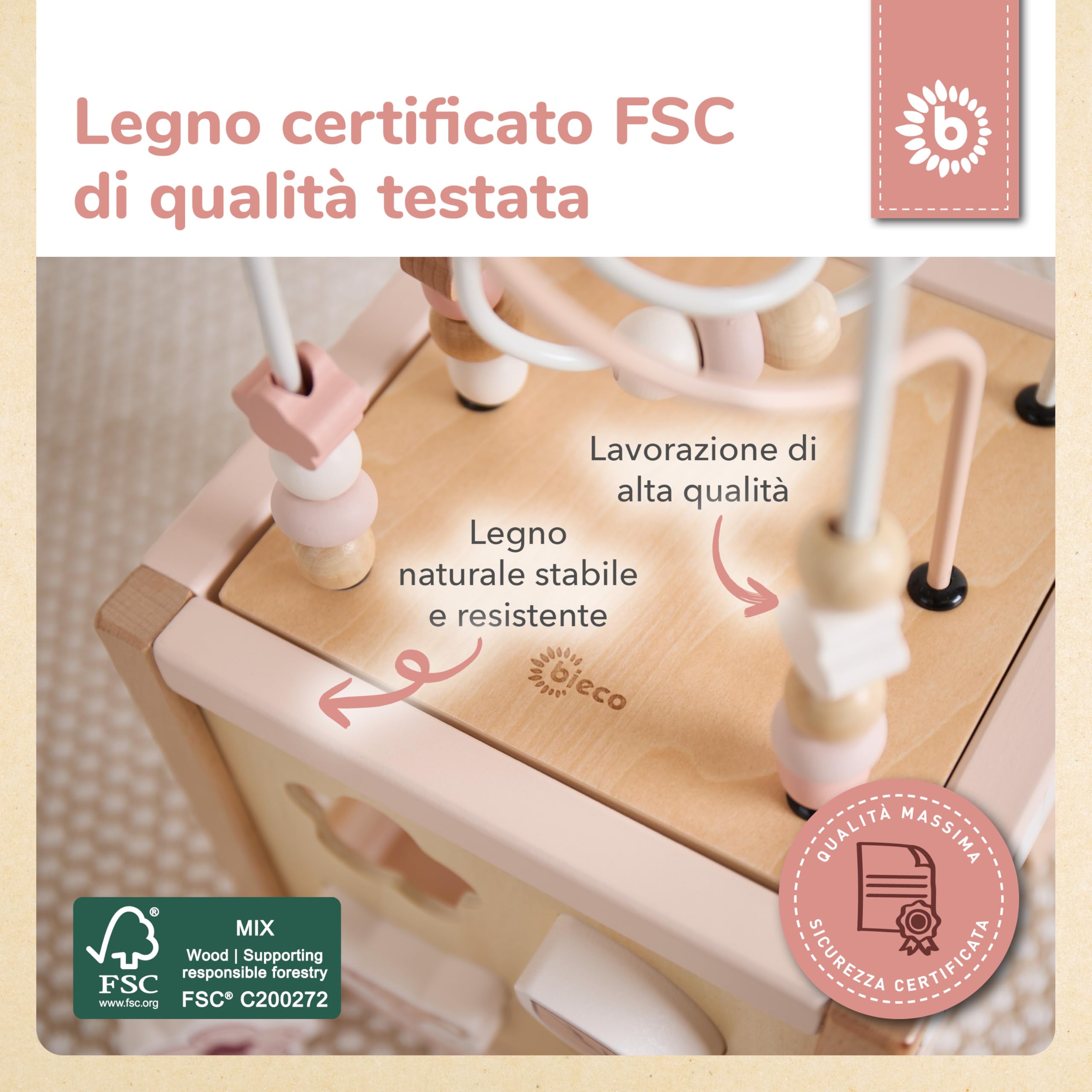 Bieco REH Ella - Cubo motorio in legno sostenibile FSC®, giocattolo per bambini, a partire da 1 anno, cubo di attività Montessori
