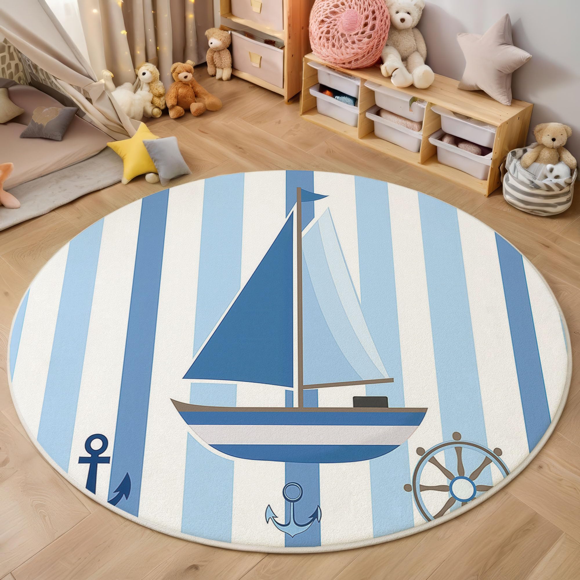 Tapis rond bleu de 100cm au motif marin pour chambre d'enfant