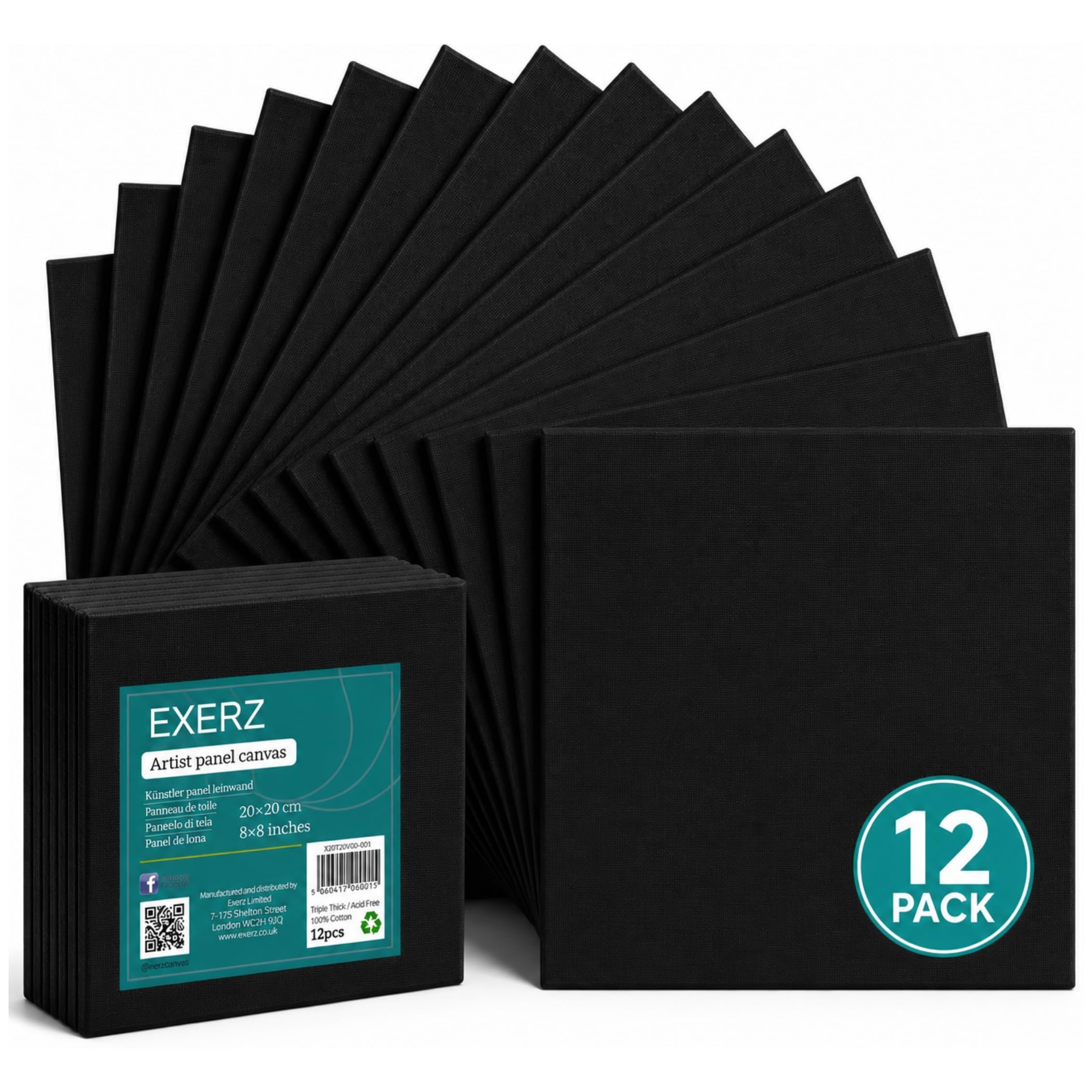 Exerz Schwarze Leinwand 20x20cm, 12er-Set Malkarton, Künstler-Leinwände aus 100% Baumwolle, 280 g/m², 0,3cm Dick, Blanko, Dreifach Grundiert, Säurefrei, Mittlere Körnung