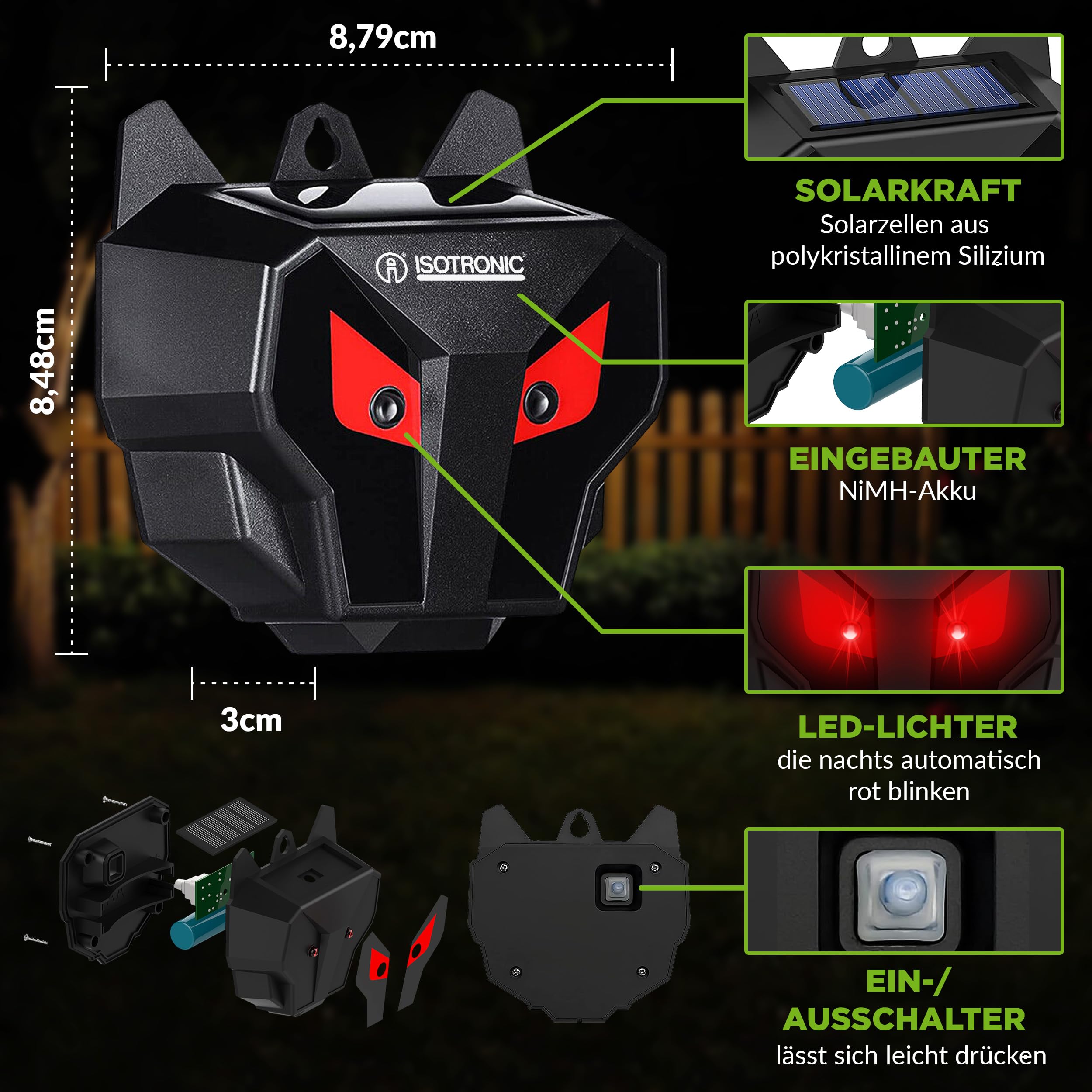 ISOTRONIC Solar Tiervertreiber zur Abwehr von Waschbären, Rehen, Füchsen & Wildschweinen – Wildtier Vertreiber mit rotem LED-Licht – effektive Tierabwehr mit 40m² Wirkungsbereich (8 Stück)