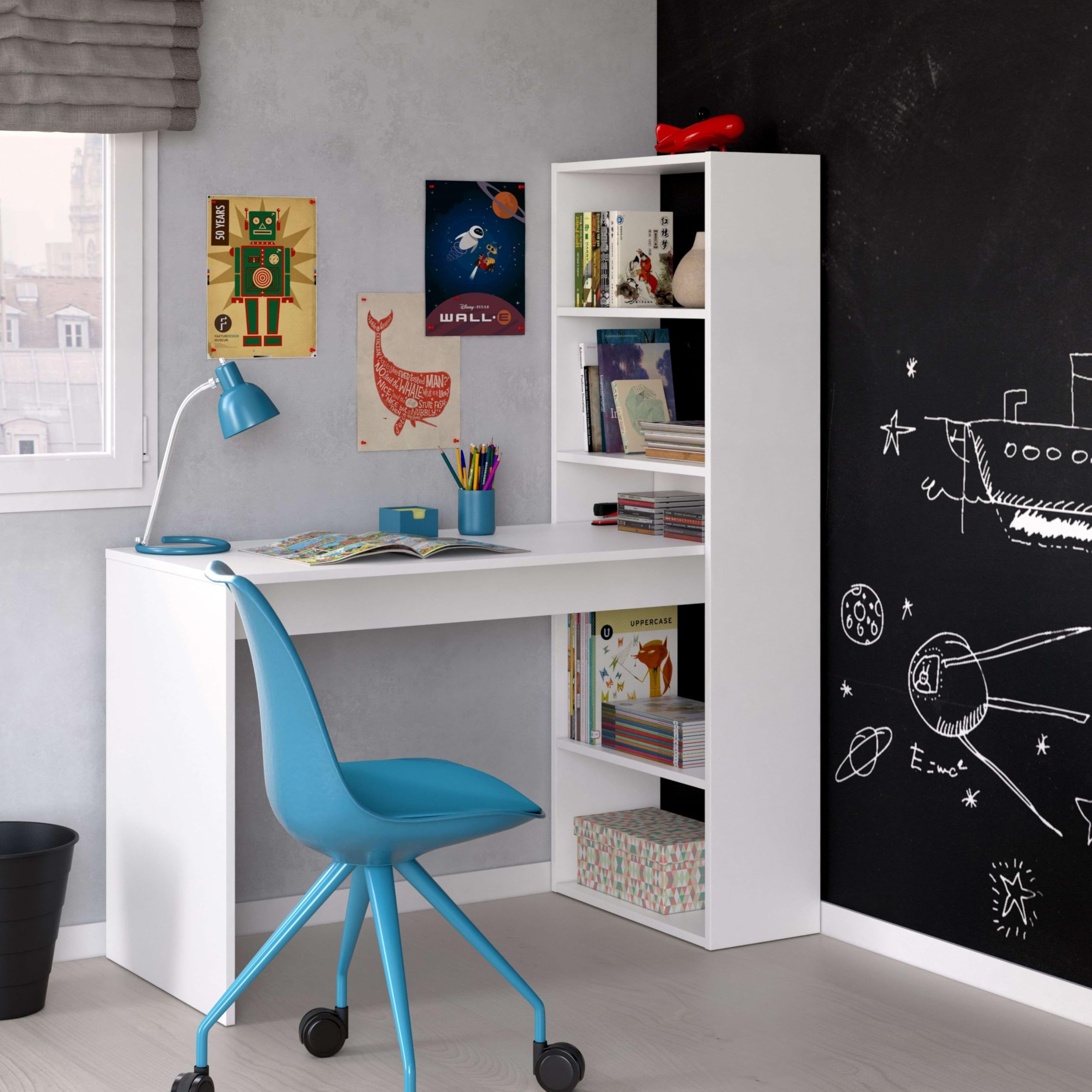 Habitdesign Mesa de Ordenador, Escritorio con Estanteria Reversible, Blanco Artik, Modelo Duplo, Medidas: 120 cm (Ancho) x 53 cm (Fondo) x 144 cm (Alto)