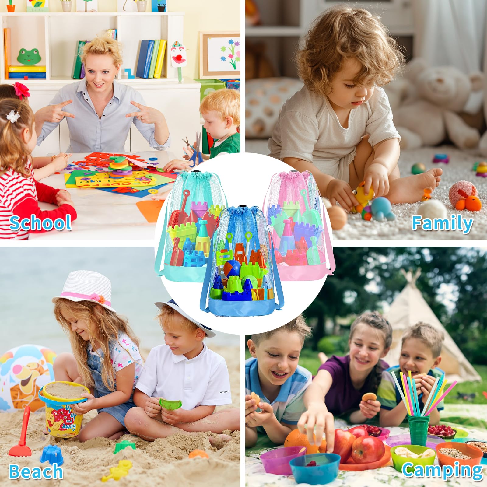 3 Piezas Bolsa de Juguetes de Playa,Bolsas de Malla para la Playa,Mochila Plegable para Juguetes Acuáticos para Niños Vacaciones Familiares Viajes A La Playa Juguetes
