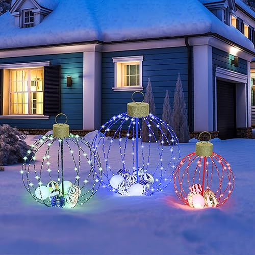 VEIKOU Juego de 3 adornos de Navidad iluminados, 3 colores para decoración de bolas navideñas al aire libre con 570 luces LED, decoración de Navidad
