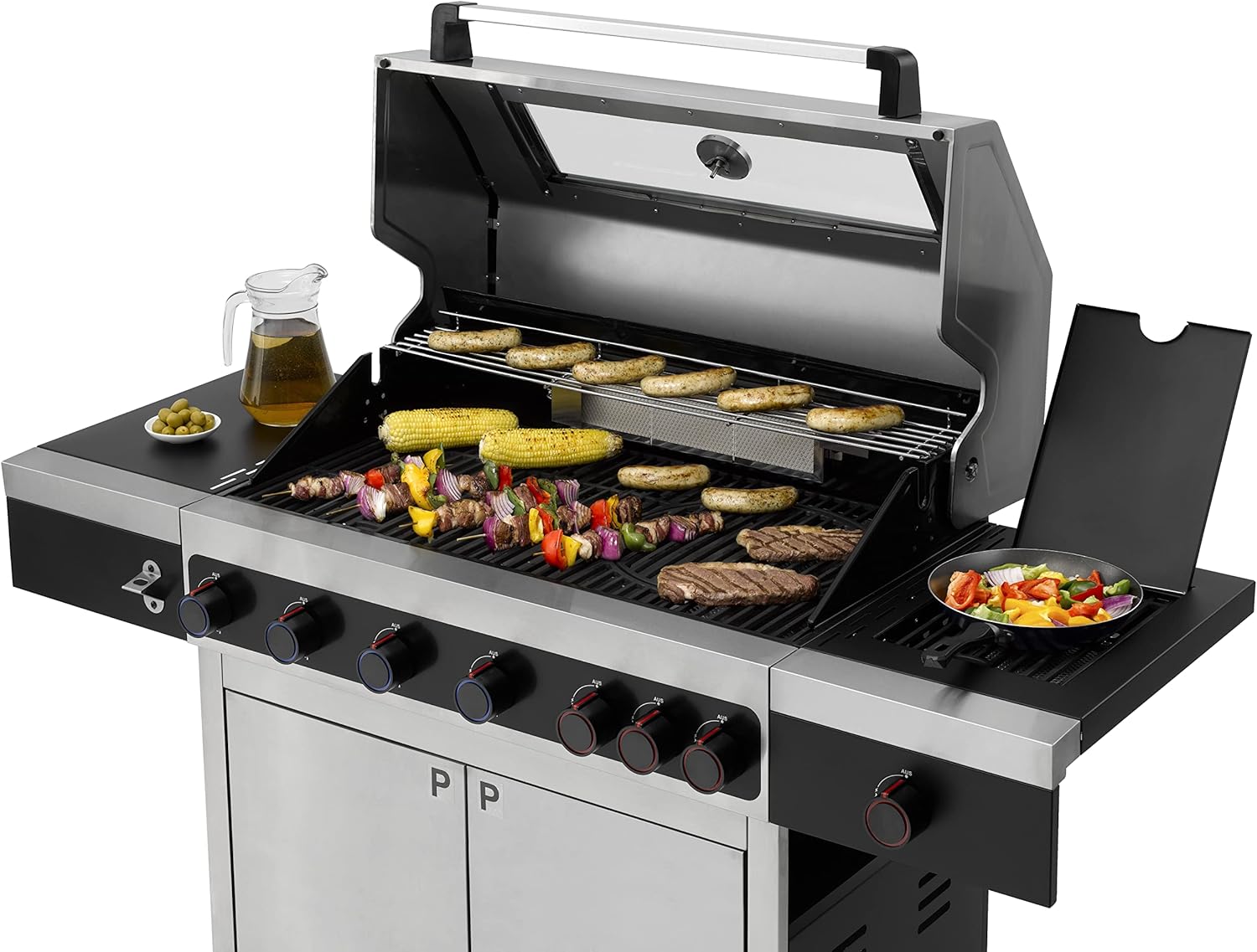 Tepro Keansburg gas barbecue in use with various foods grilling