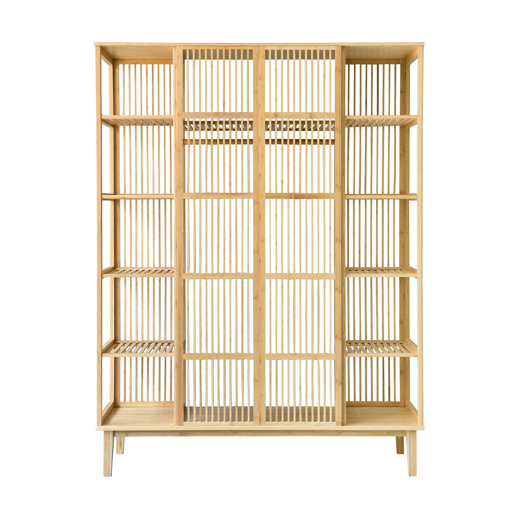 [en.casa] Garde-Robe Solide à 2 Portes Coulissantes Portant avec Étagère Meuble de Rangement 12 Surfaces de Stockage Tringle Bambou 185 x 140 x 45 cm Naturel