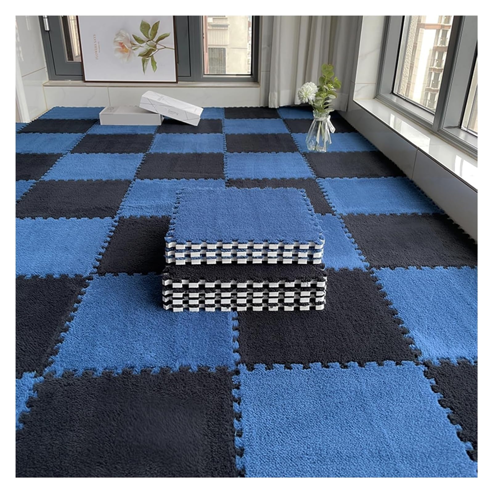 Piankowa mata podłogowa, bardzo duża 12 szt. Blokująca pluszowa mata podłogowa z pianki, płytki SoftCarpet, dywanik z puzzlami, Playmat z obramowaniem(Black+navy Blue,11.8x11.8 Inch)