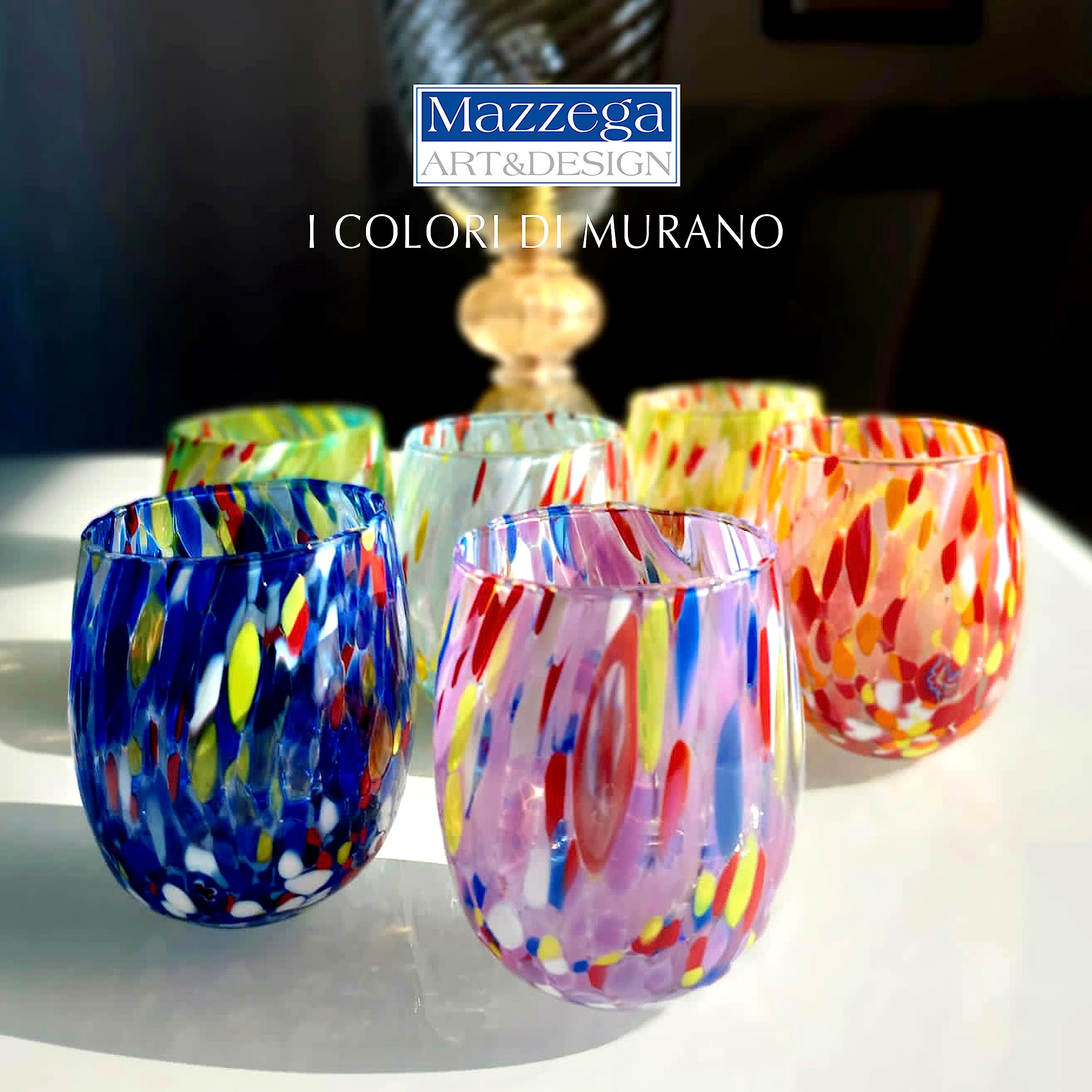 MAZZEGA ART & DESIGN - 2 x ręcznie dmuchane i oryginalne szklanki do wody Murrine Murano - kolory Murano - Columbine 435 ml. Wyprodukowano we Włoszech (fioletowy, 2)