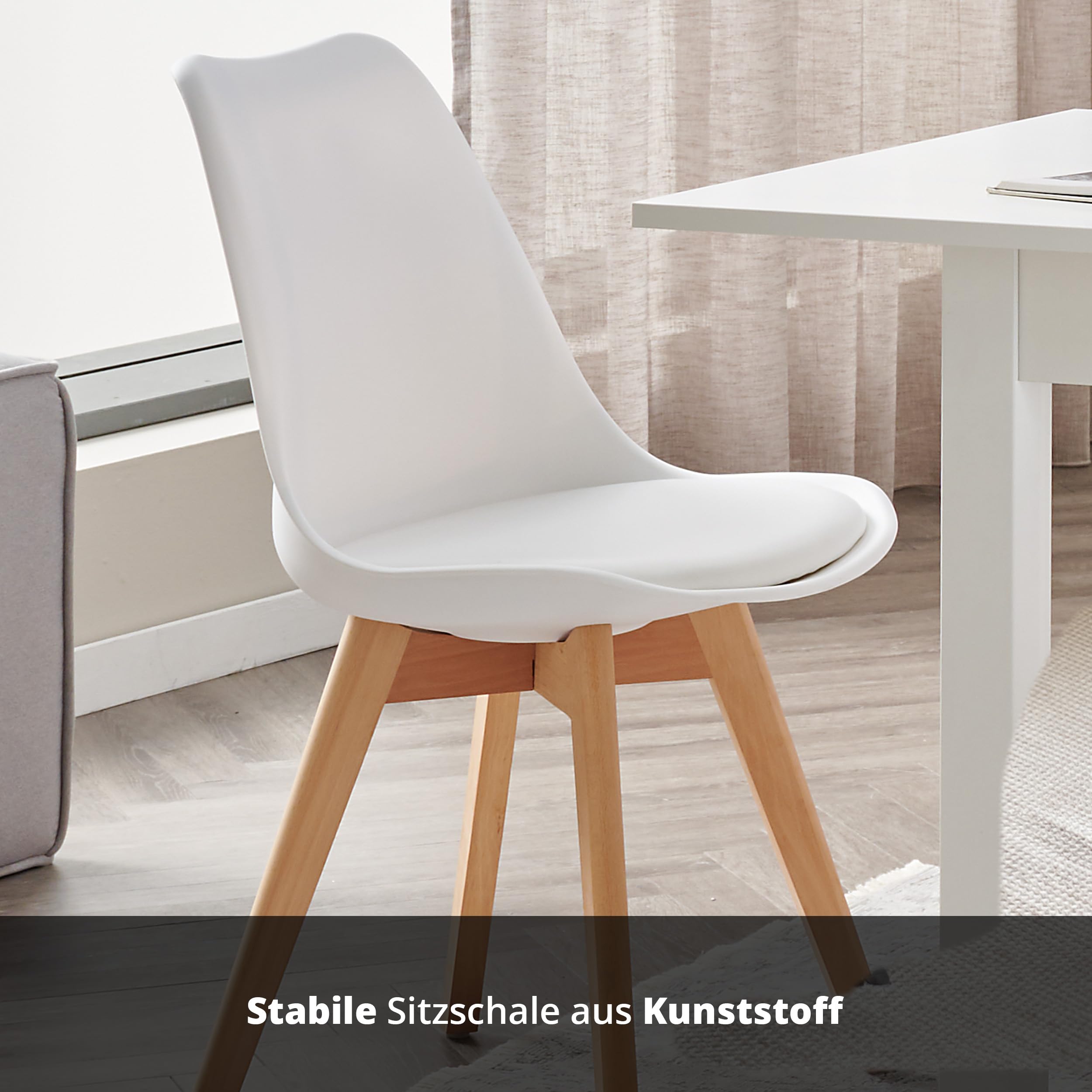 KHG Esszimmerstuhl Polsterstuhl Skandi Look - Stuhlbeine Massivholz Buche, Kunststoff Sitzschale, gepolstertes Kunstleder-Sitzkissen, modern & pflegeleicht, belastbar bis 150 kg - Weiß