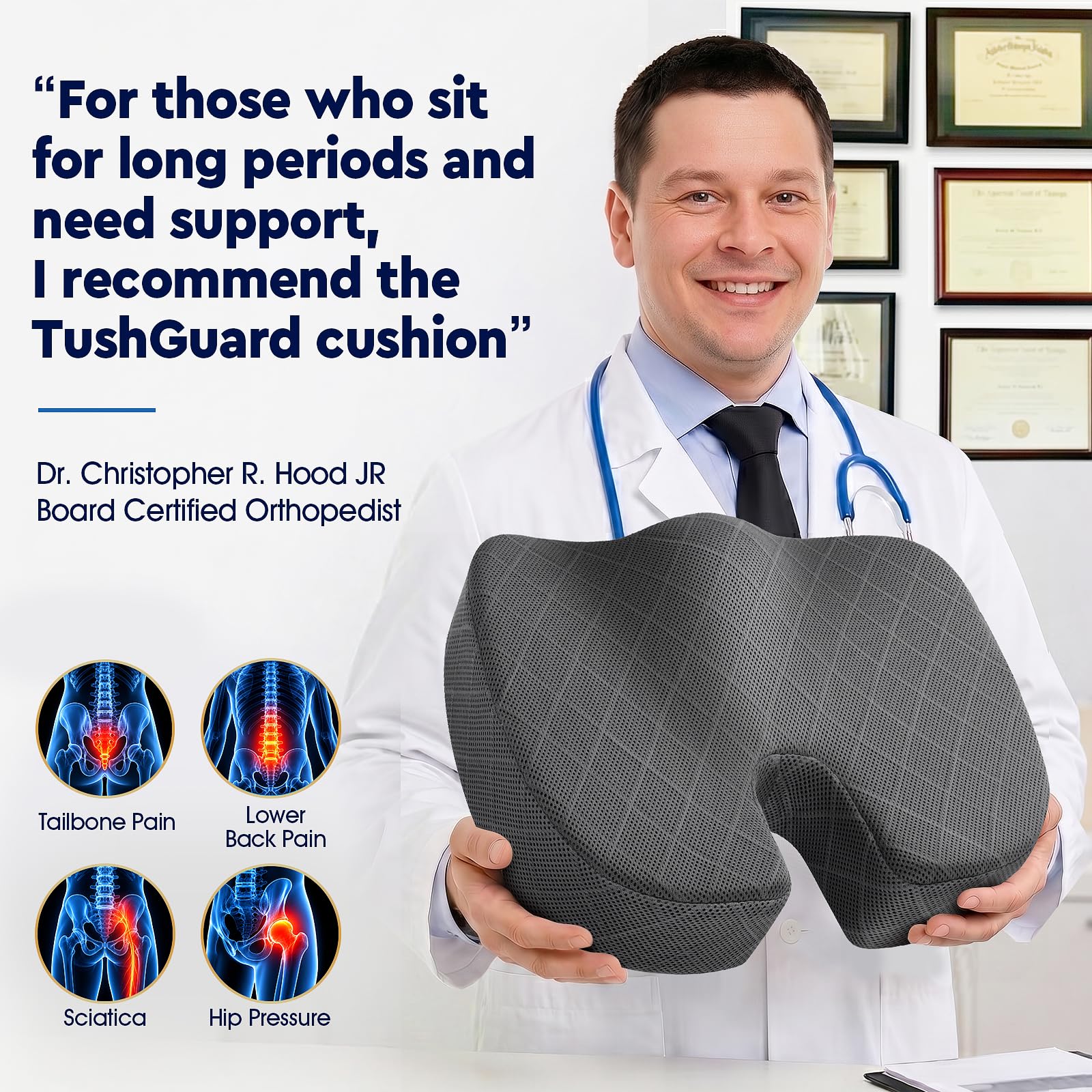 TushGuard Seat Cushion - Memory Foam Cushion for Office Chair, Car Seat, Airplane, Bleacher - Sciatica & Hip & Coccyx Pain Relief Desk Chair Cushion for Long Sitting Office Workers, Car Drivers