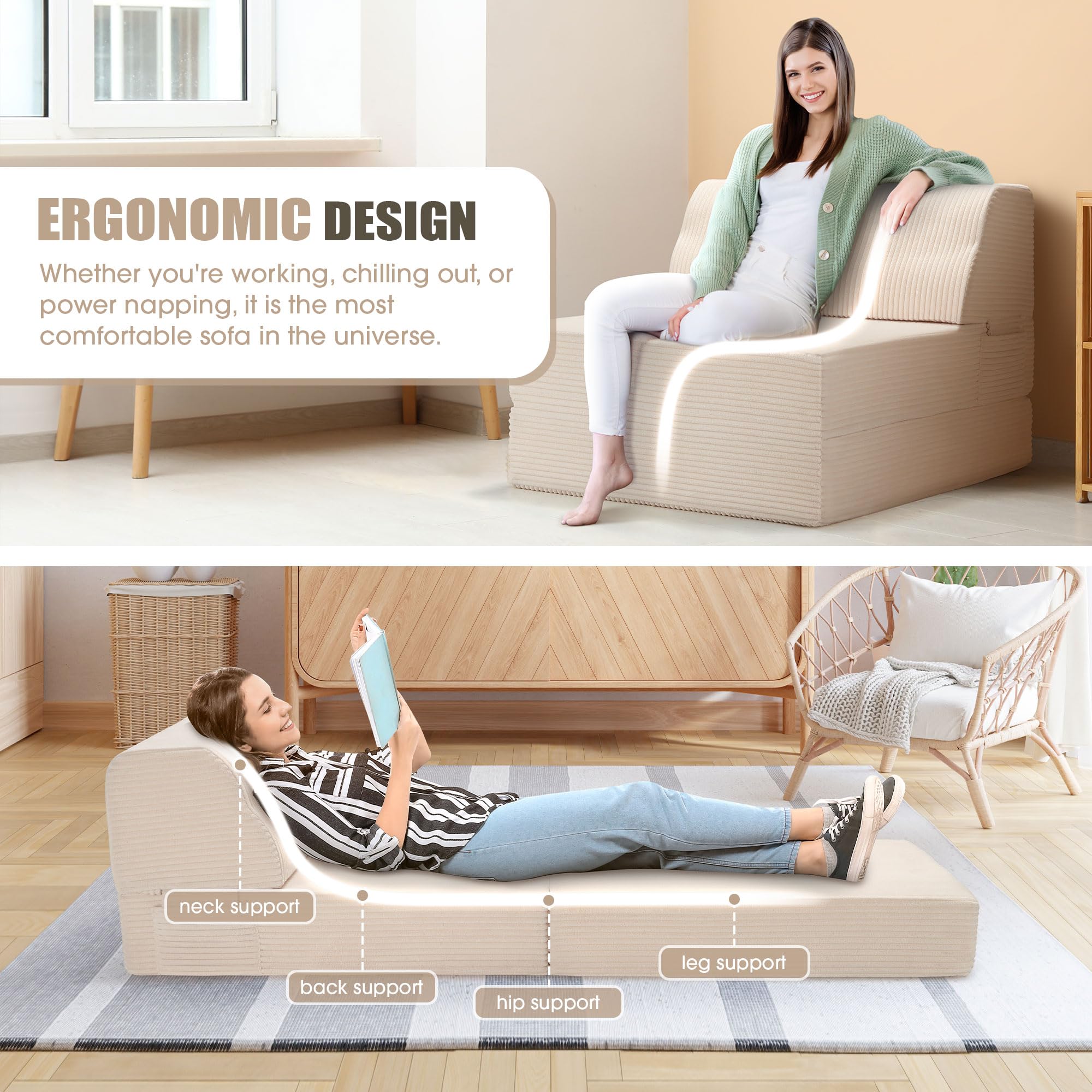 Sofá cama plegable con almohada, silla convertible con funda lavable, silla plegable de espuma viscoelástica, sofá futón para sala de estar, dormitorio, uso de invitados, oficina en casa, 3