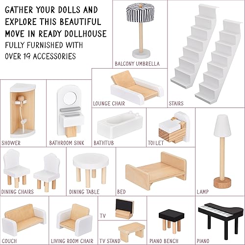 Miniatura 25 de Lil' Jumbl Casa de muñecas de madera para niños, accesorios y muebles de 17 piezas, con balcón y escaleras, juguete de casa de muñecas de 3 pisos