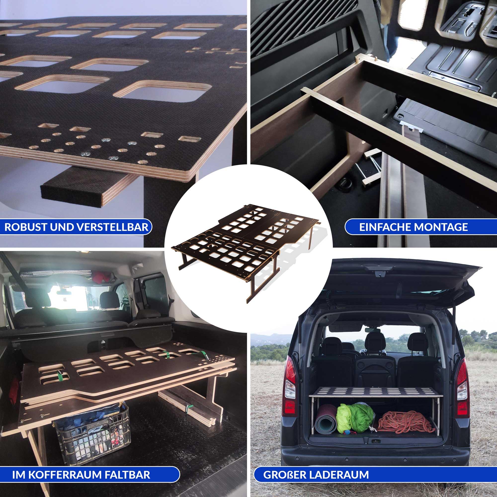 Leichtes Herausnehmbares Camper Bett, Camper Ausbau Kit für Berlingo, Rifter, Kangoo, Partner, Citan, Combo und Proace City, Klappbarer Lattenrost, Schnelle Montage, Ohne Eintragung