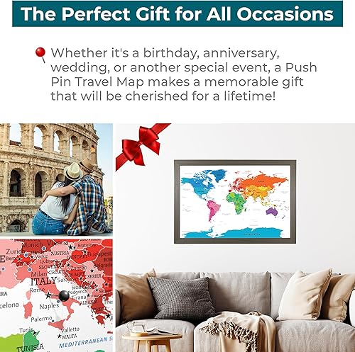 Vista 78 de Lienzo - Mapa de viaje personalizado con diseño colorido del mundo con marco negro rústico