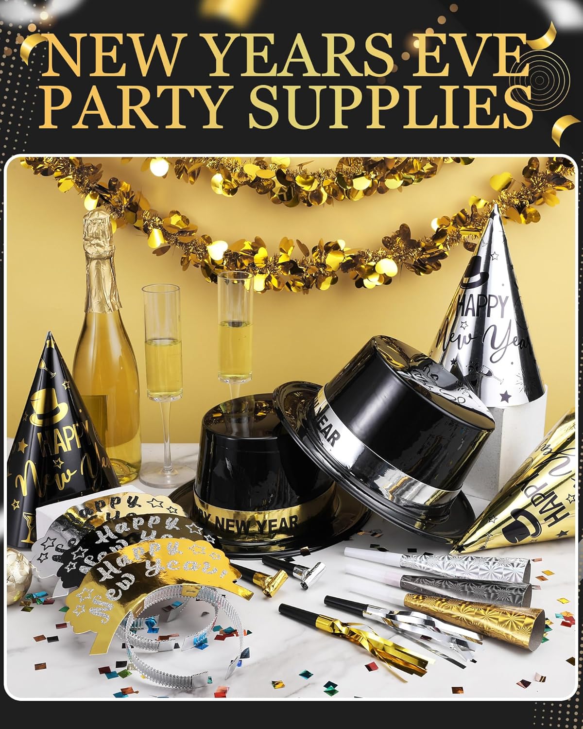Shappy 100 Pcs 2026 New Years Eve Party Supplies Include Top Cone Hats Tiaras Squawkers Blowouts New Year's Eve Party Favor (Classic)