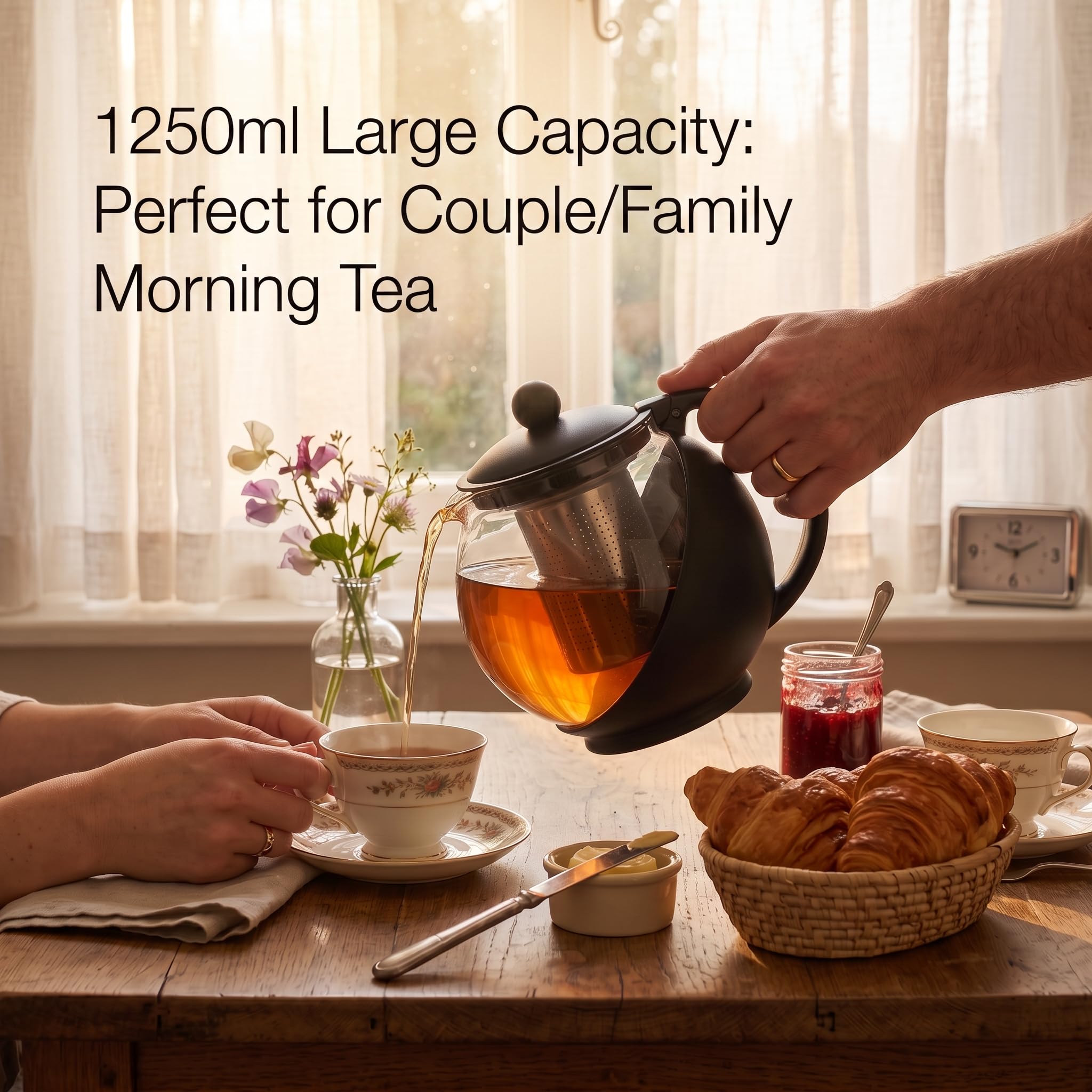 Teiera in vetro con infusore, teiera in vetro borosilicato da 1250 ml con filtro a rete fine rimovibile, beccuccio antigoccia a forma di V, macchina per tè sfuso per coppie, famiglia e