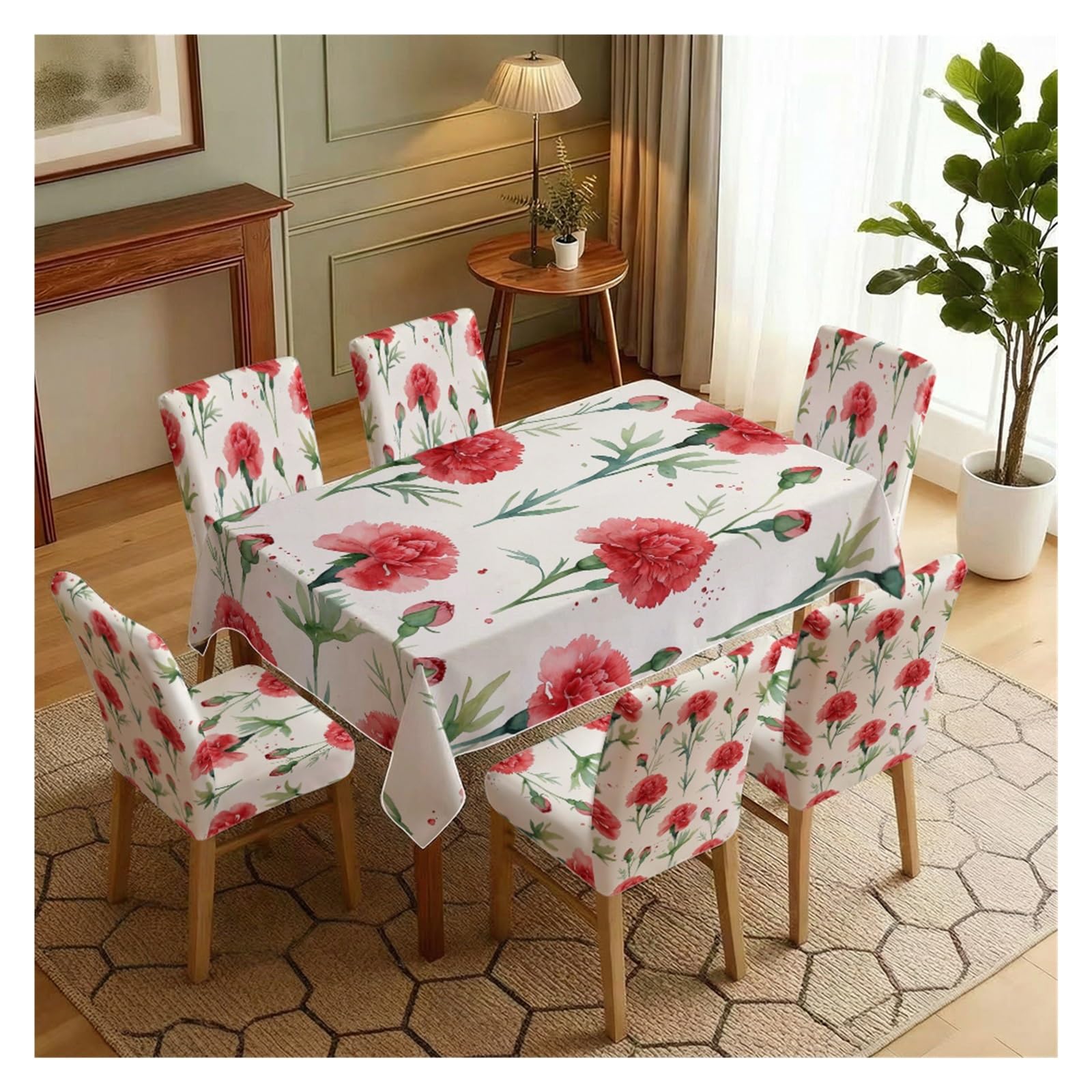 BOSUYBN Watercolor Pink Carnation Floral Dining Tablecloth & Chair Covers Set, 5/7 Piece Romantic Spring Cottage Farmhouse Dining Decor Table Setting(7pcs Set: Tablecloth+Chair Covers)