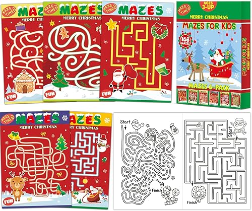 Wiooffen 168 páginas de laberinto de Navidad para niños de 3 a 8 años, paquete de 6 - 6 libros de actividades para niños de nivel principiante,