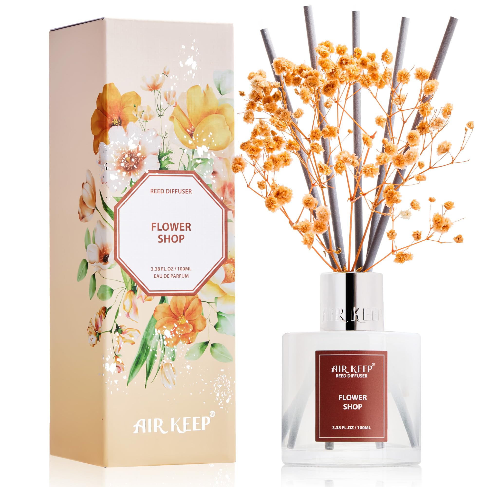Airkeep Reed Diffuser Set,3.38 fl oz (100 ml) - Flower Shop Oil Diffusers with 8 Reed Sticks, Home Fragrance Reed Diffuser for Bathroom Shelf Decor