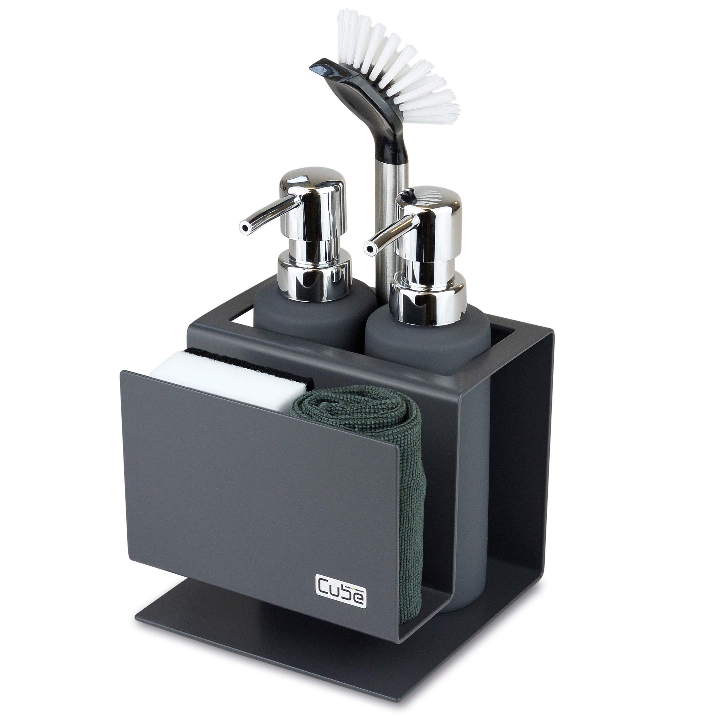 Cube Spülbecken Organizer Set Made in Germany: Prämierter Küchenorganizer inkl. Seifenspender & Spülbürste – Edler & Praktischer Spülorganizer für eine Aufgeräumte Küche – Spülset Anthrazit