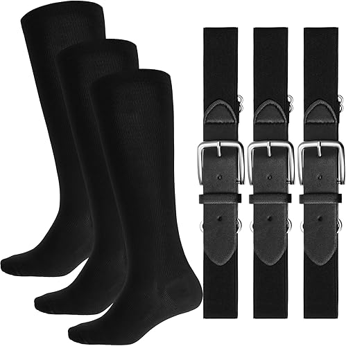 SATINIOR Conjunto combinado de 3 pares de calcetines de béisbol y 3 cinturones para jóvenes y adultos para béisbol y sóftbol y calcetines (negro,