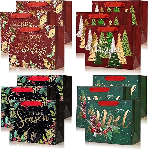 Miniatura 9 de PAPER FAIR 12 bolsas de regalo de Navidad color azul marino, metálico dorado y blanco, grandes de 12.5 x 10.5 pulgadas, bolsas de regalo de Noel