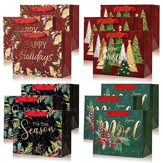 PAPER FAIR 12Pcs Red Green Metallic Gold Christmas Gift Bags Bulk, Medium 9x7 In, Gilded Xmas Tree Noel Gift Wrap Bags, Mistletoe Foiled Paper Favor Bag Gift Packaging for Thanksgiving Holiday New Year Party