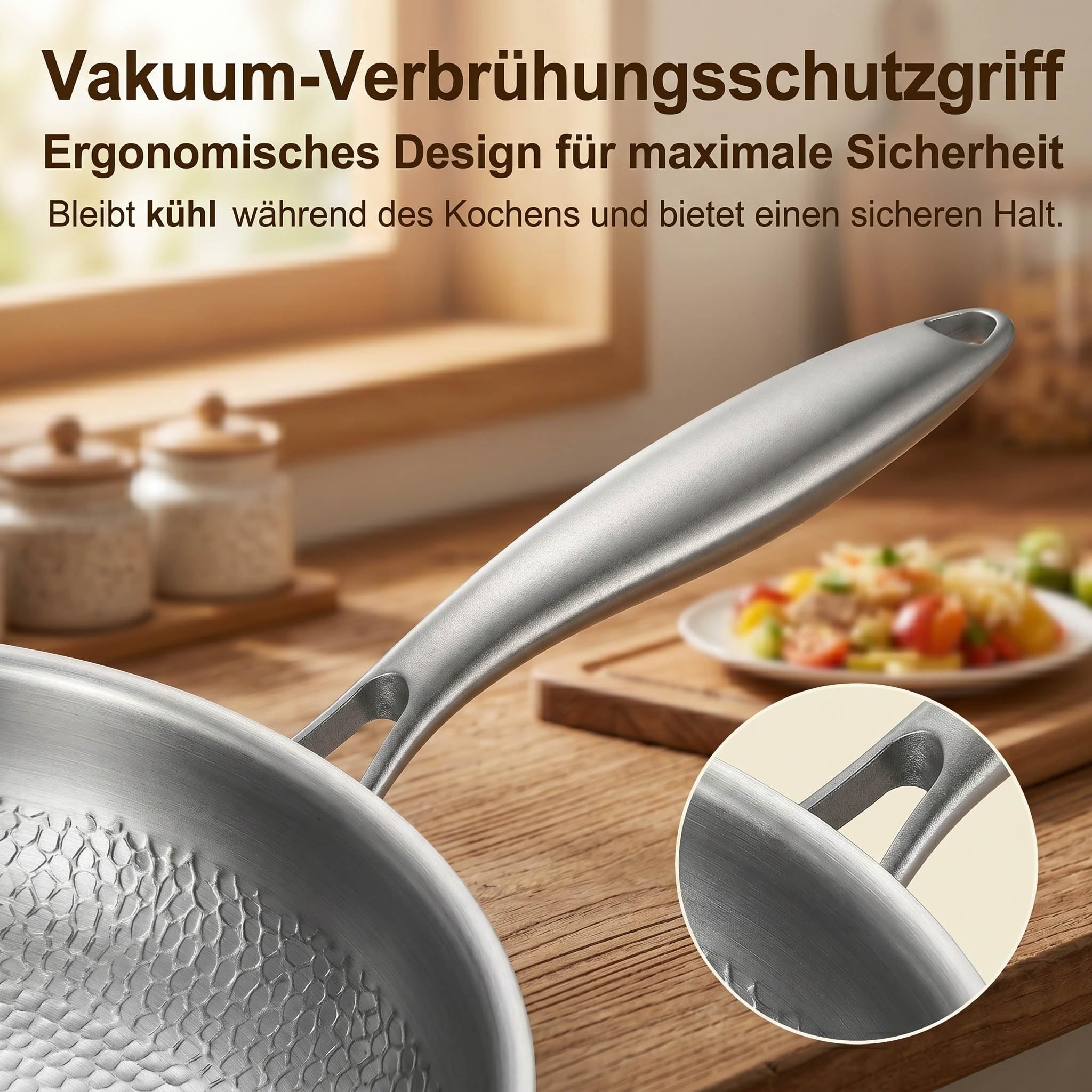 Titan Pfanne 28 cm mit Deckel, Unbeschichtete Titan Bratpfanne mit Gehämmertem Design, Kratzfeste Physikalische Antihaft-Struktur, Frei von PFAS-, PFOA- und PTFE-, Für Induktion & Alle Herdarten