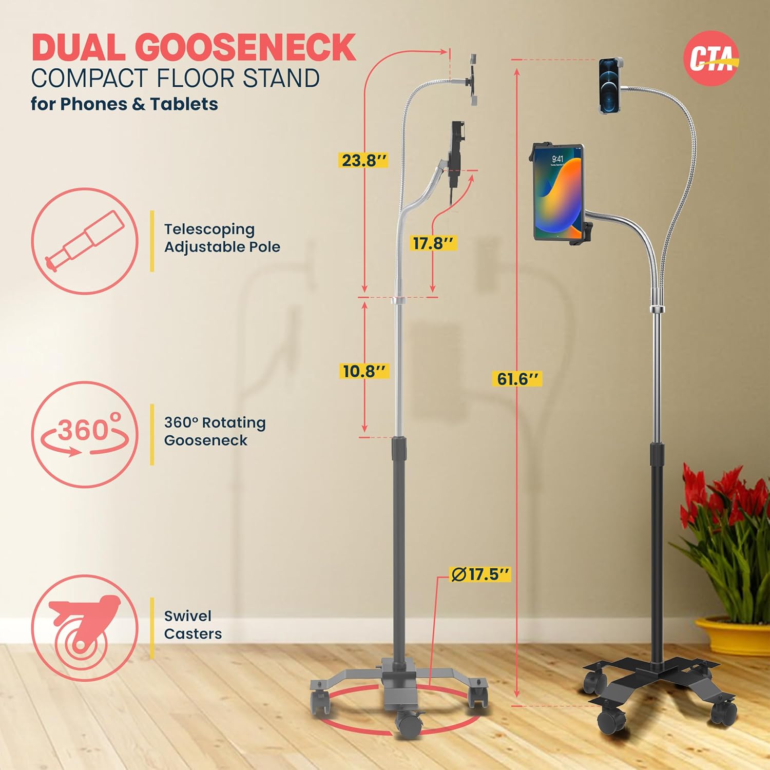 Universal Dual Gooseneck Floor Stand for Tablets & Smartphones - Compatible with iPad 10.2-inch (7th-9th Generation), iPad Air, iPad mini (1st-6th Generation), 12.9-inch iPad Pro, 11-inch iPad Pro