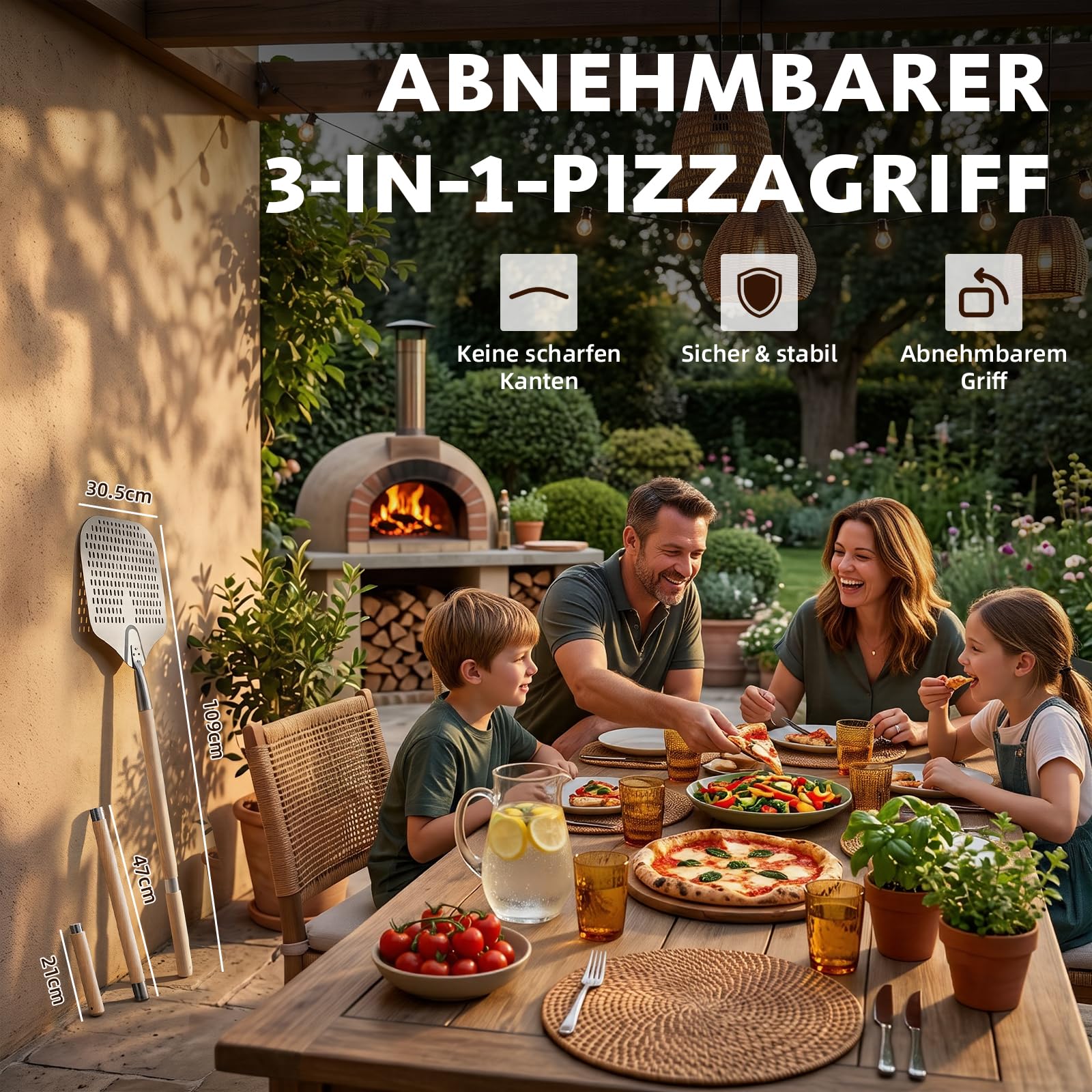 Funtery Pelle à pizza perforée avec manche en bois en 2 parties, 30,5 × 30,5 cm