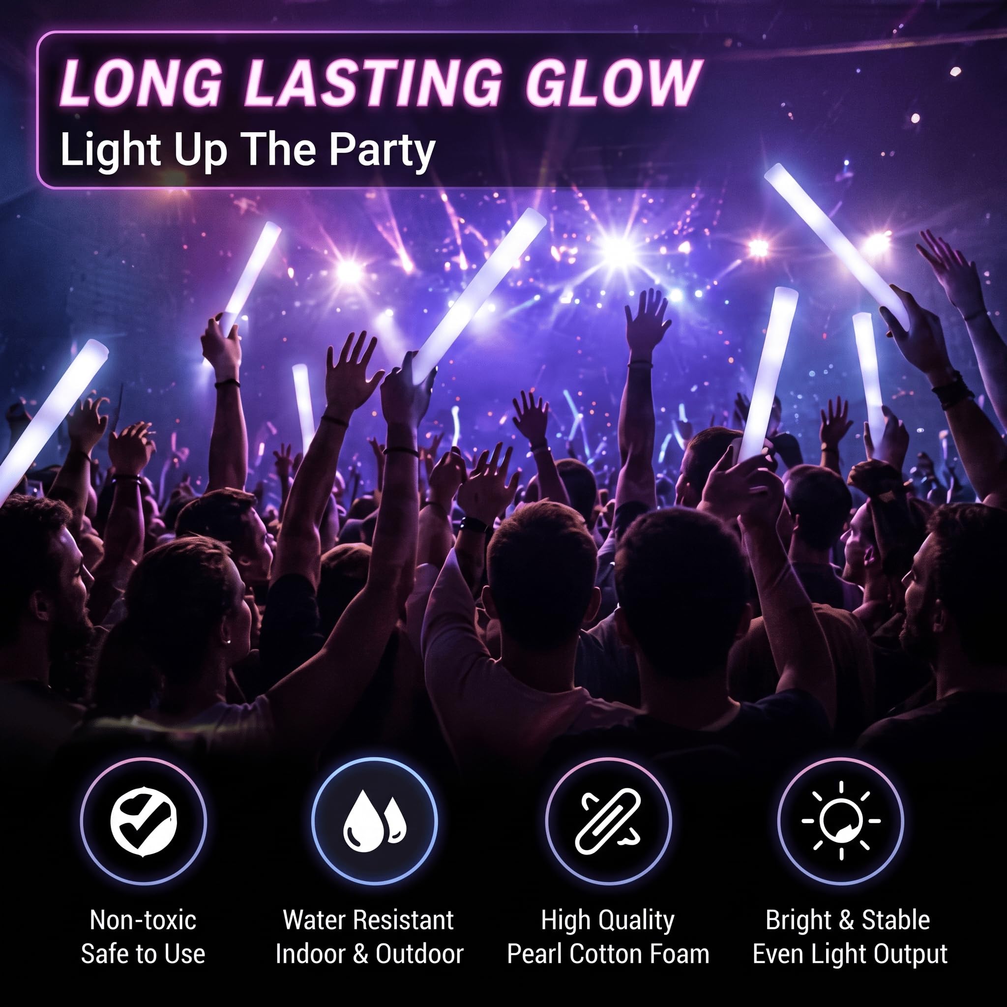 Liliful 100 Stück LED-Schaumstoffstäbe, weiß, blinkende Leuchtstäbe, Baton-Zauberstäbe, Motto-Party-Set, leuchtet im Dunkeln, Partyzubehör für Hochzeit, Raves, Konzert, Geburtstag