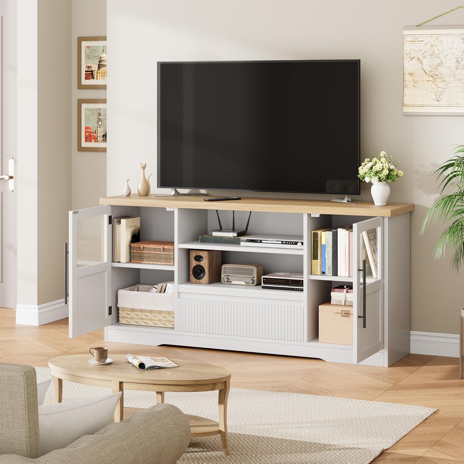 IDEALHOUSE Retro TV Stand for 75 Inch TVs, Mid-Century Modern Media Console with 2 Glass Cabinets & Open Shelves, White & Natural