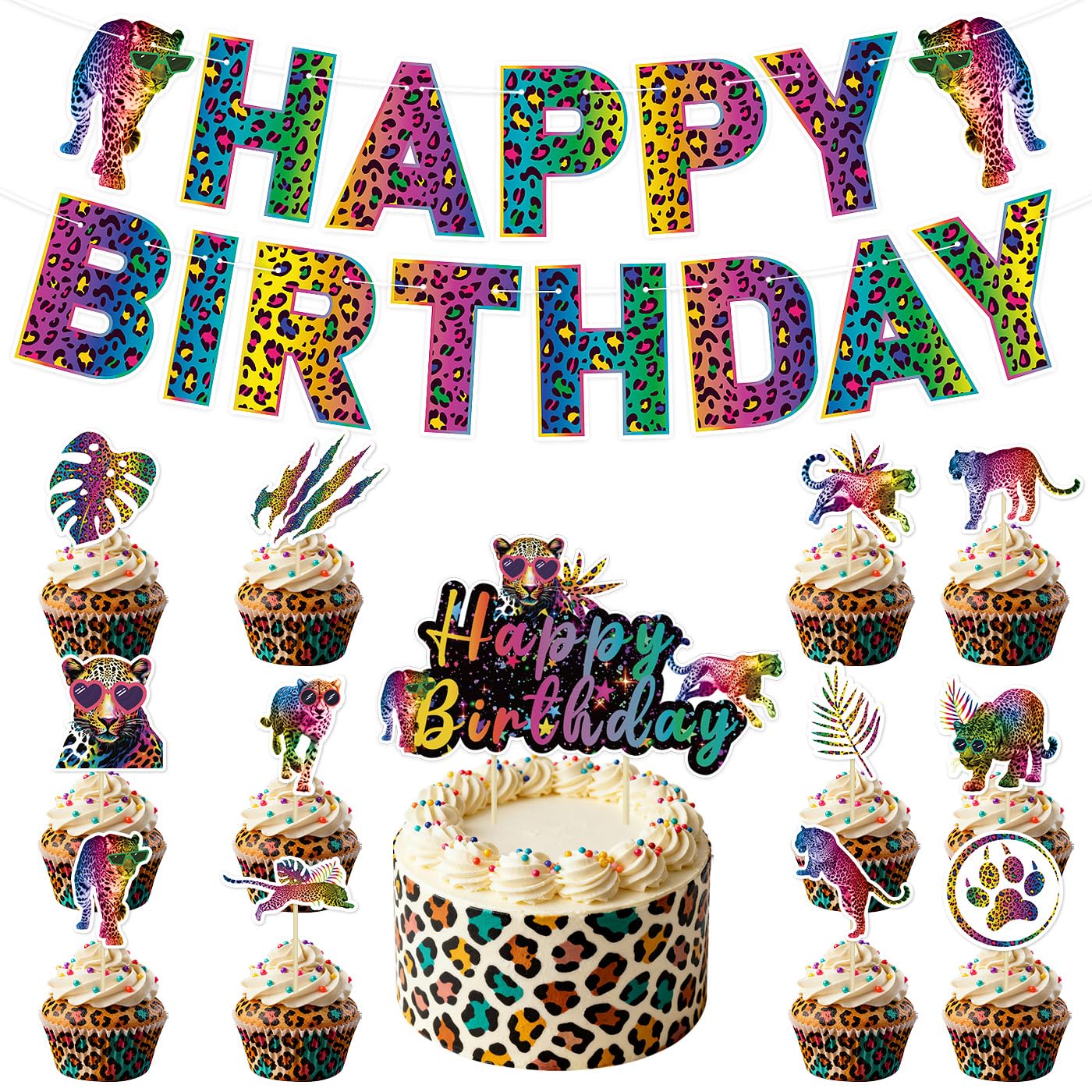 Leopard Print HAPPY BIRTHDAY Party Decorations, Rainbow Color Animal Print Birthday Banner, Wild Animal Cake topper and Leopard Print Cupcake Toppers
