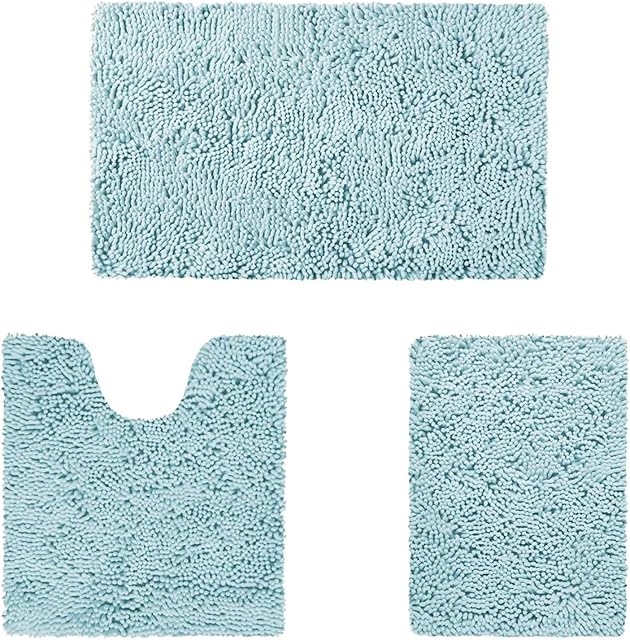 HOMEIDEAS 3 Pieces Bath Mat Set, Soft Chenille Bathroom Rugs Mat, 3X Absorbent Spa Shaggy Bath Rugs Set, Machine Washable & Non Slip Bath Mats for Bathroom, Tub, ShowerLight Blue