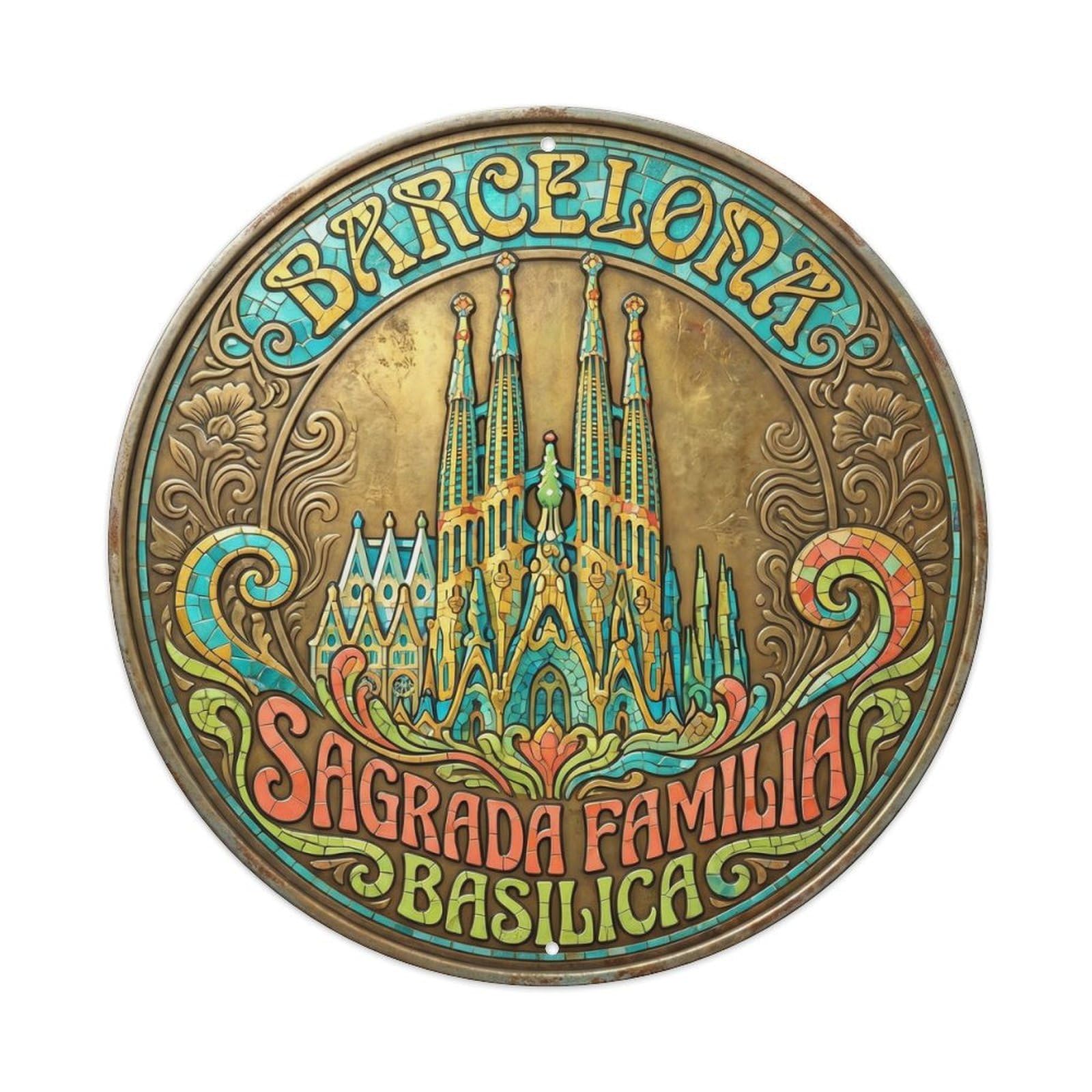 Barcelona Sagrada Familia Destination Scenery Landmark Metal Tin Sign Plaque Wall Decor for Cafe, Man Cave, Club Bar, Office, Home Garden Round Metal Poster 8x8Inch