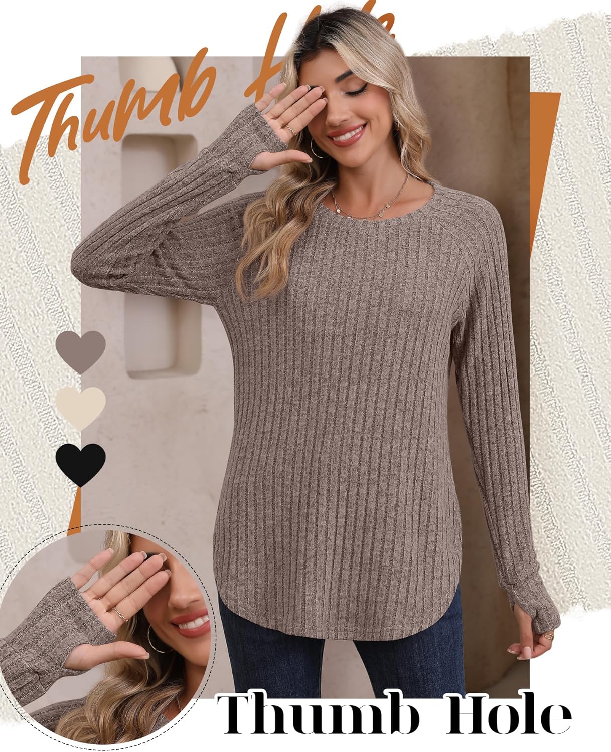 Riyiper 3 Pack Women's Long Sleeve Sweaters with Thumb Hole, Tunic Tops Ribbed Curved Hem Side Split Crew Neck Loose Shirts - Image 3