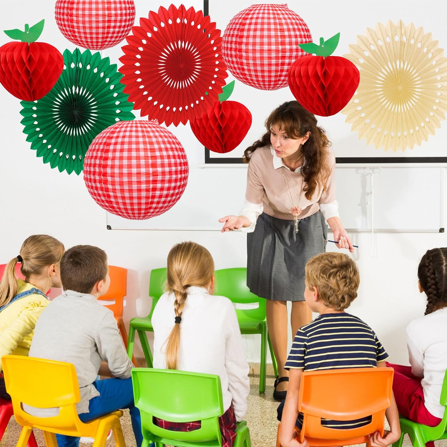 FYSUIMU Back to School Decorations Hanging Apples Lanterns Set Classroom Ceiling Hanging Decor Apples Honeycomb Hanging Paper Lanterns Tissue Paper Fans for First Day of School Party, 9Pcs